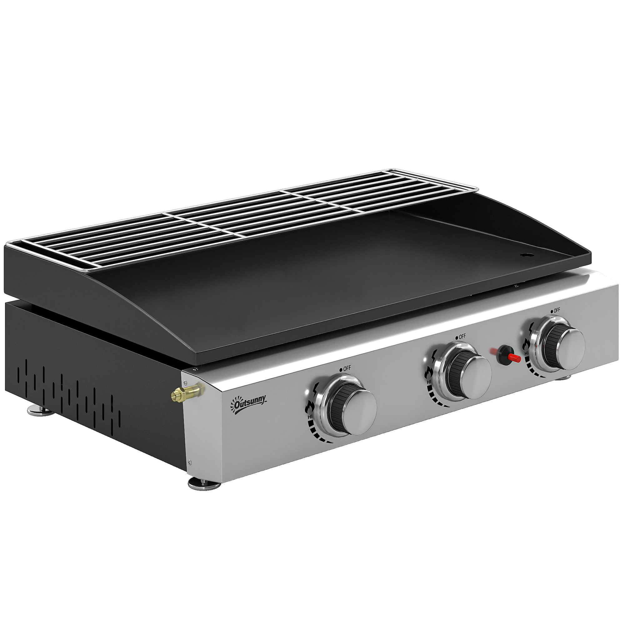 Outsunny Gasgrill 7,5 KW Tragbarer Tischgrill mit 3 Brenner Keramische Lackbeschichtung Grillrost Warmhalterost herausnehmbar Fettauffangschale, Edelstahl Picknickgrill Tischgasgrill für Garten Balkon Aosom