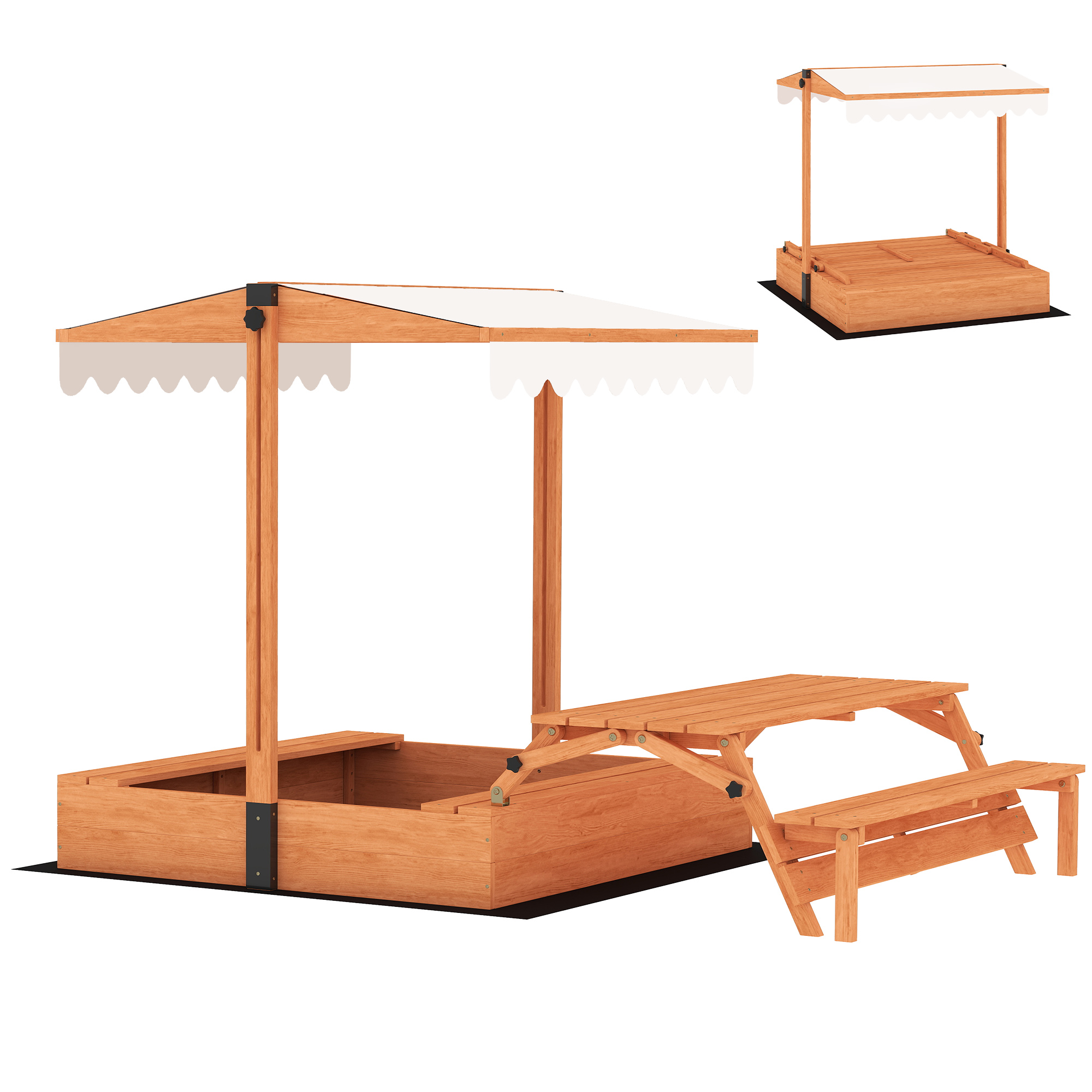 AIYAPLAY Sandkasten mit Dach 184 x 110 x 120 cm Sandkiste aus Holz mit klappbarem Picknicktisch Sitzbänken Bodenplane Sandbox mit Abdeckung für 6 Kinder von 3-8 Jahren Braun   Aosom