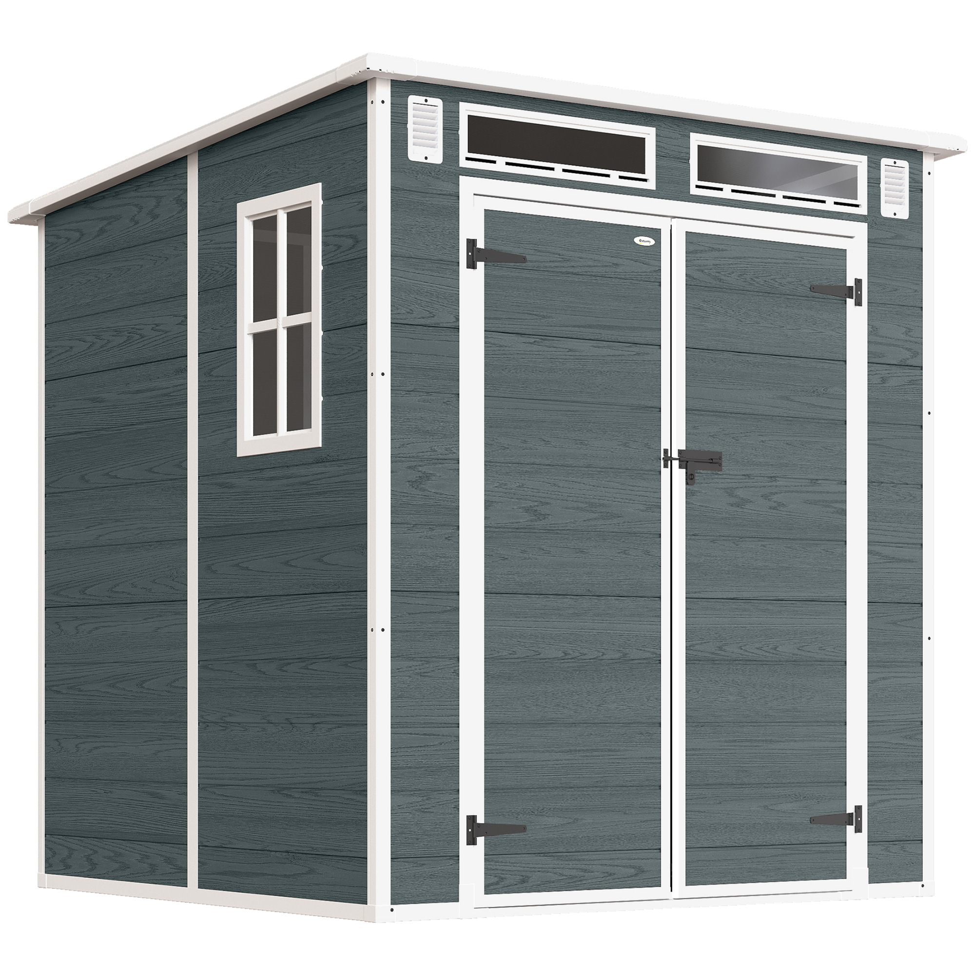 Outsunny Gerätehaus 2,89 m², Geräteschuppen mit Holzoptik 3 Fenster, 182 x 182 x 196 cm Kunststoff Gartenschuppen mit Doppeltür Belüftung Boden Schloss Handschuhe, Gartenhaus für Werkzeuge Fahrrad   Aosom