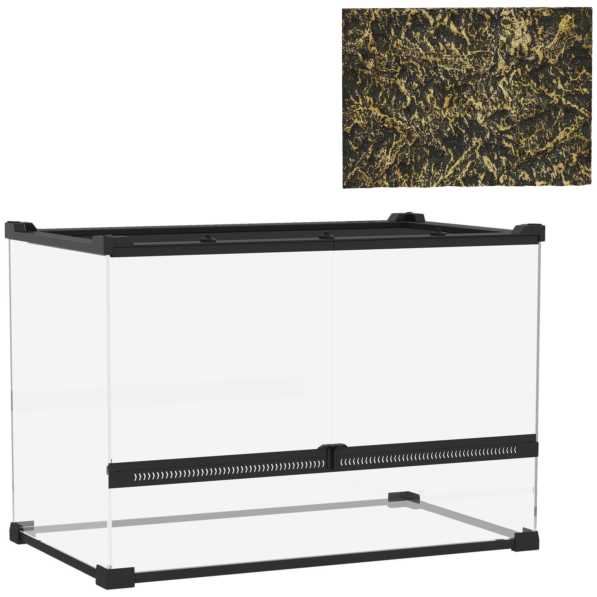 PawHut Terrarium für Reptilien Glasterrarium 48L Reptile Fütterungsbox mit Frontbelüftung Steinrückwand ausbruchsicherer Drehverschluss Reptilienzuchtbox für Amphibien Spinne Schwarz 50 x 30 x 35 cm   Aosom