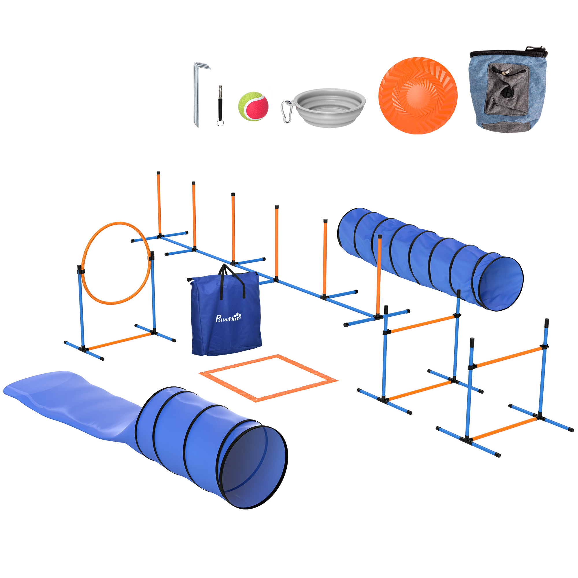 PawHut Agility Set Hunde 11-teiliges Set Agility-Ausrüstung für Hunde mit 2 Tunnel Höhenverstellbar Sprungring & Hürden Slalomstangen Pause-Box Tragetasche Ball Steckhürdenset für Hundetraining   Aosom