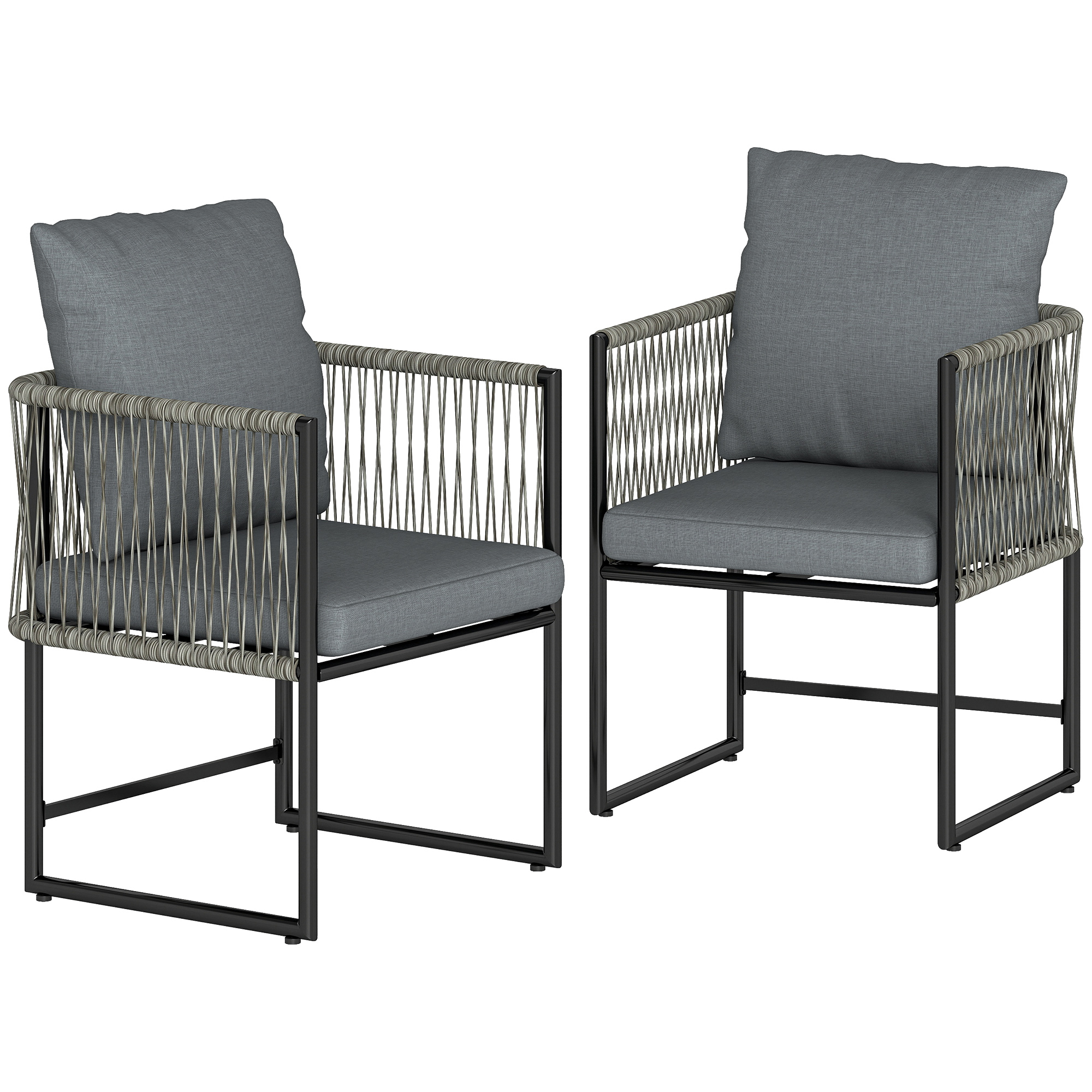 Outsunny Gartenstuhl 2er Set wetterfest Gartenstühle aus Stahl PE-Rattan Terrassenstuhl mit Kissen Armlehne Rückenlehne Gartenmöbel bis 120 kg belastbar für Hinterhof, Garten, Balkon Dunkelgrau   Aosom