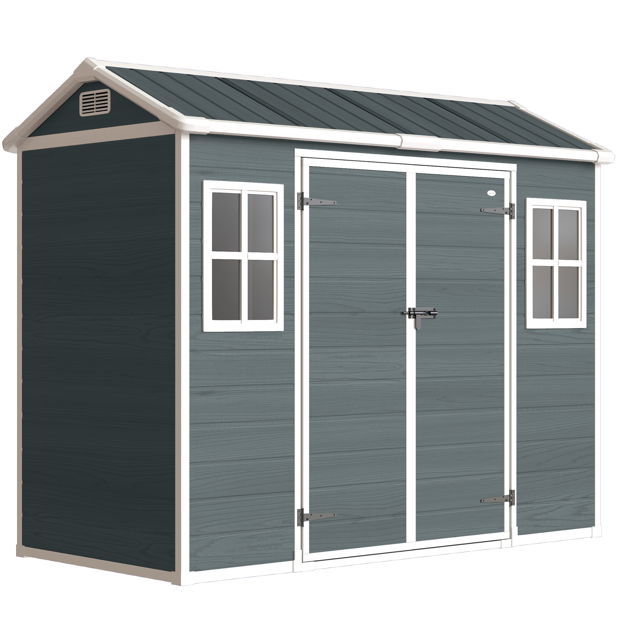 Outsunny Gerätehaus 2,77 m² Geräteschuppen mit Holzoptik 2 Fenster 244x131x201cm Kunststoff Gartenschuppen mit Satteldach Doppeltür Belüftung Boden Schloss Handschuhe, Gartenhaus für Werkzeuge Fahrrad   Aosom