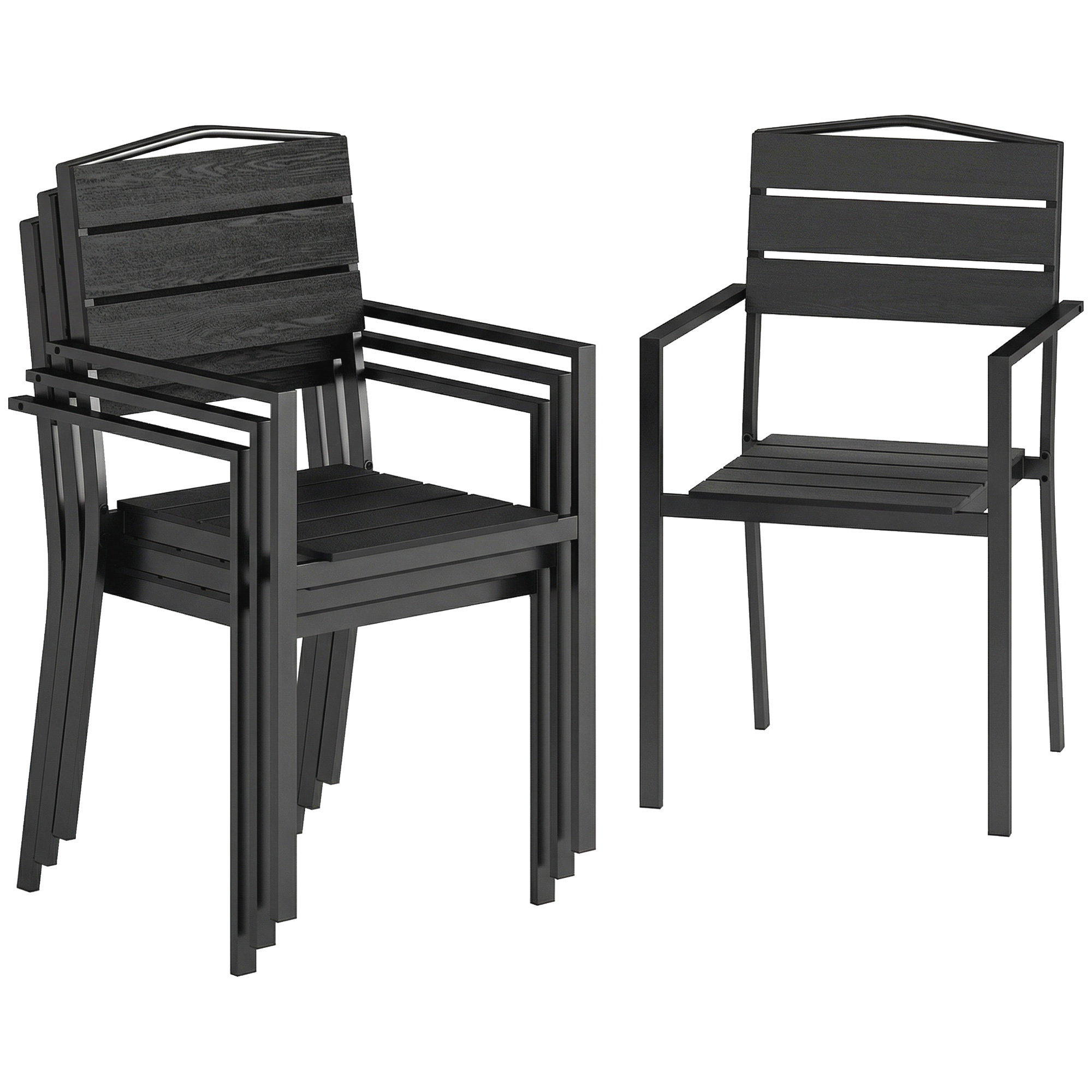 Outsunny Gartenstühle 4er Set Stapelbare Terrassenstühle mit Lamelldesign Armlehnen, wetterfest Balkonstühle 120 kg Belastbar Stapelstühle für Garten, Balkon Terrasse 52 x 51 x 90 cm Schwarz   Aosom