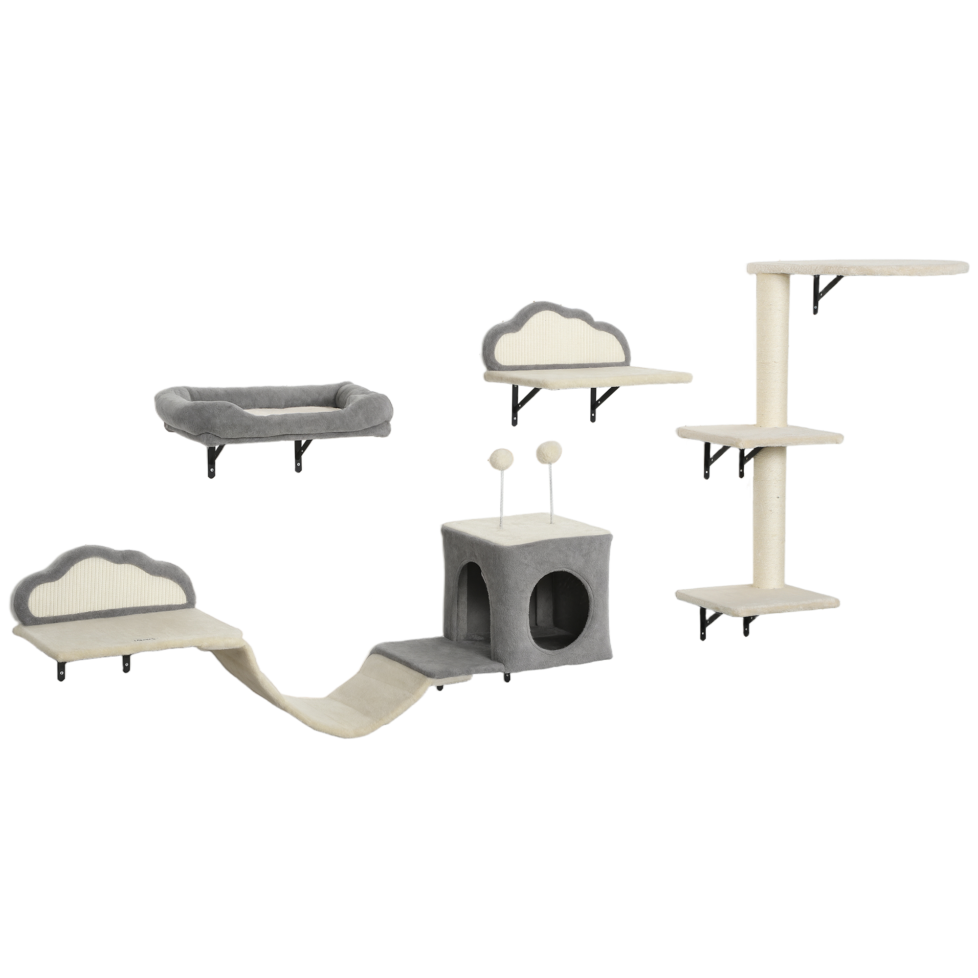 PawHut Kletterwand Katzen 4-teilig Katzen Kletterwand Set mit Kratzbrett, Bett, Kratzbaum mit Höhle, weicher Leiter, Katzenmöbel bis zu 5 kg, Beige   Aosom