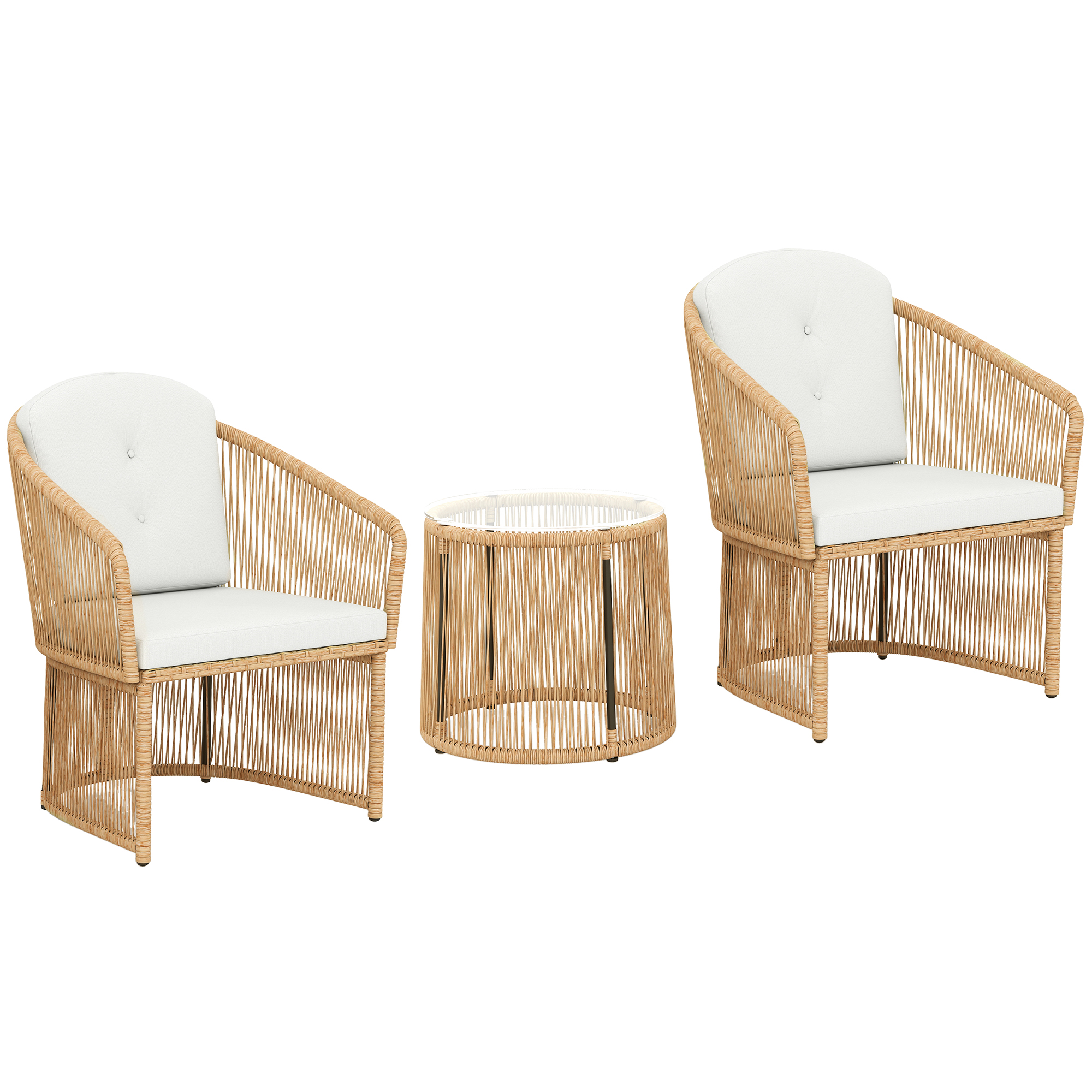 Outsunny Polyrattan Gartenmöbel Set, Outdoor Lounge Balkonmöbel mit Kissen für 2 Personen, 3-teilig wetterfest Sitzgruppe mit 2 Stühle, rundem Glastisch für Garten, Terrasse Balkon, Cremeweiß Aosom