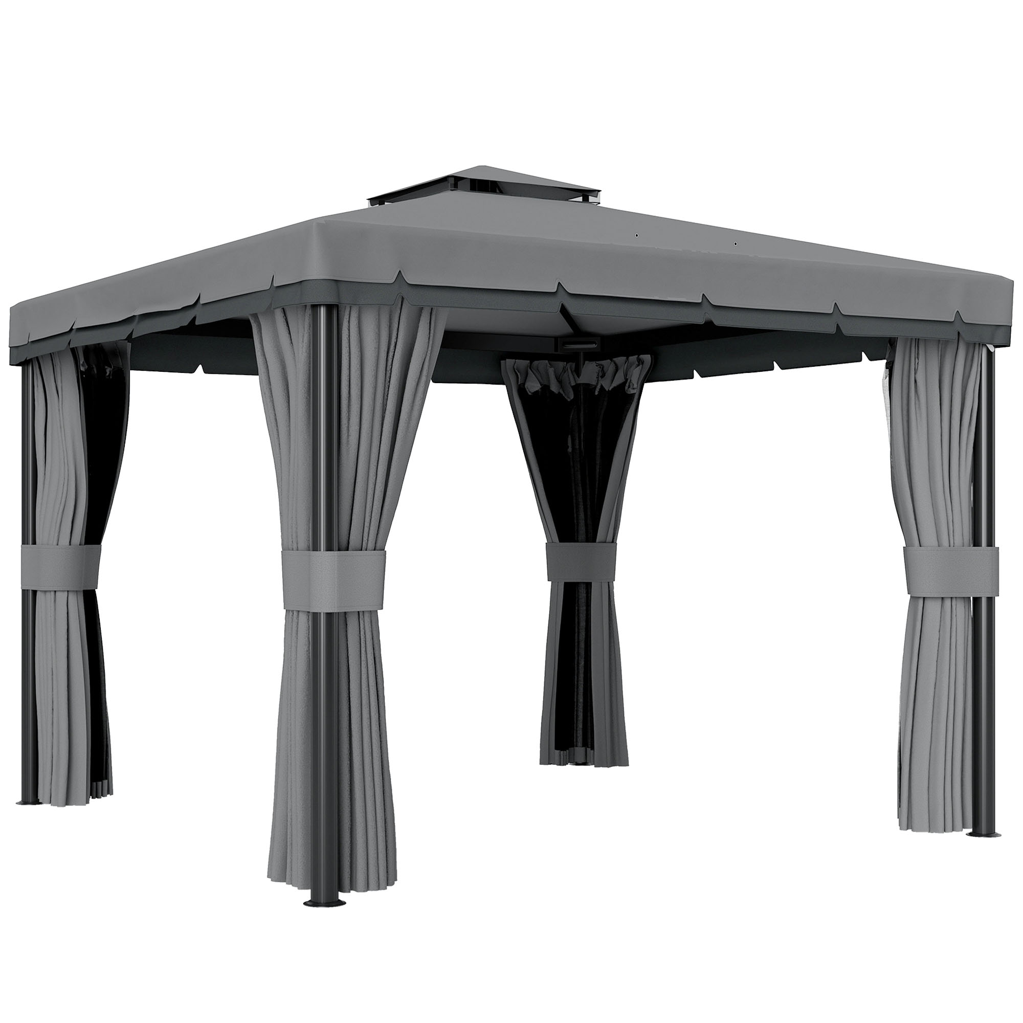 Outsunny Pavillon ca. 3x3m Wasserabweisend Stabil Winterfest Gartenpavillon mit Doppeldach Reißverschluss-Moskitonetze Aluminiumrahmen Partyzelt Gartenzelt Gazebo für Festival Partys Garten Dunkelgrau Aosom