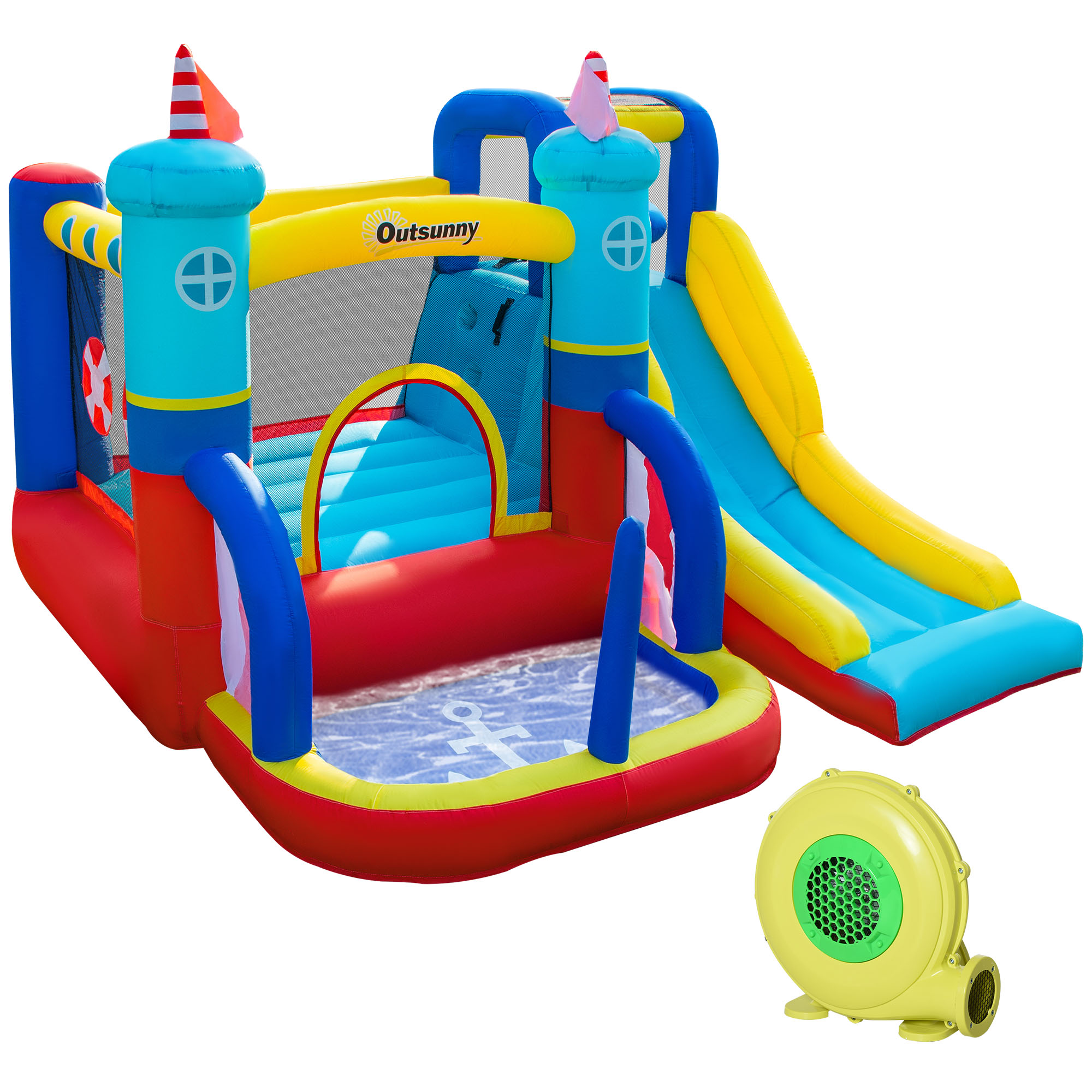Outsunny Aufblasbare Hüpfburg mit Gebläse Wasserpark aufblasbare Rutsche Kletterwand Trampolin mit Tragetasche für Kinder von 3 bis 8 Jahren    Aosom