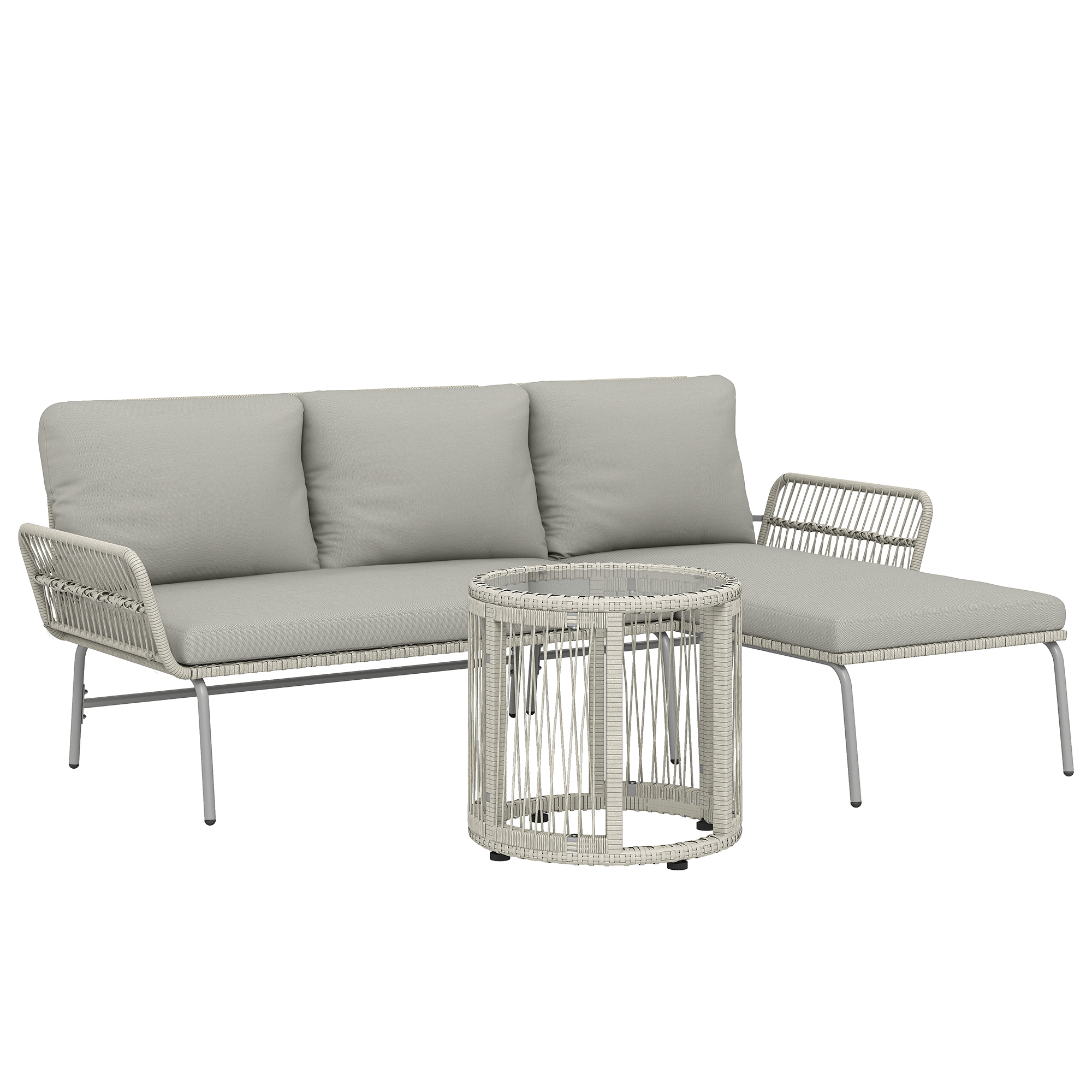 Outsunny Polyrattan Gartenmöbel Set 3-teilig, Lounge Set mit Chaiselongue Zweisitzersofa Glastisch abnehmbar Kissen, Rattan Sitzgruppe bis 3 Personen, Lounge Möbel für Garten Terrasse Balkon Hellgrau   Aosom