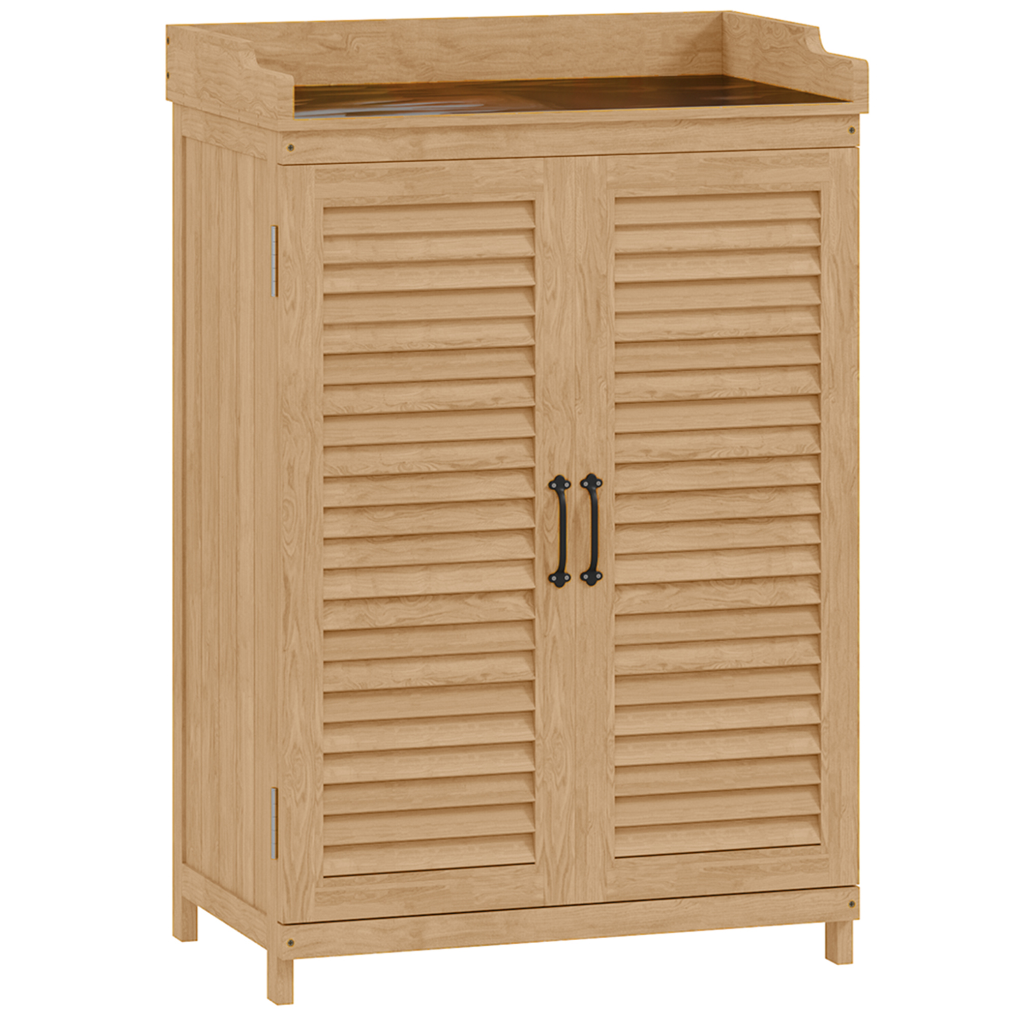 Outsunny Gartenschrank Holz, Geräteschuppen mit Arbeitsfläche, wetterfest Geräteschrank, 65,5x40x98,5cm, Gerätehaus mit Lamellentür, Ablagen, Werkzeugschrank Gartenschuppen für Garten, Terrasse, Gelb   Aosom