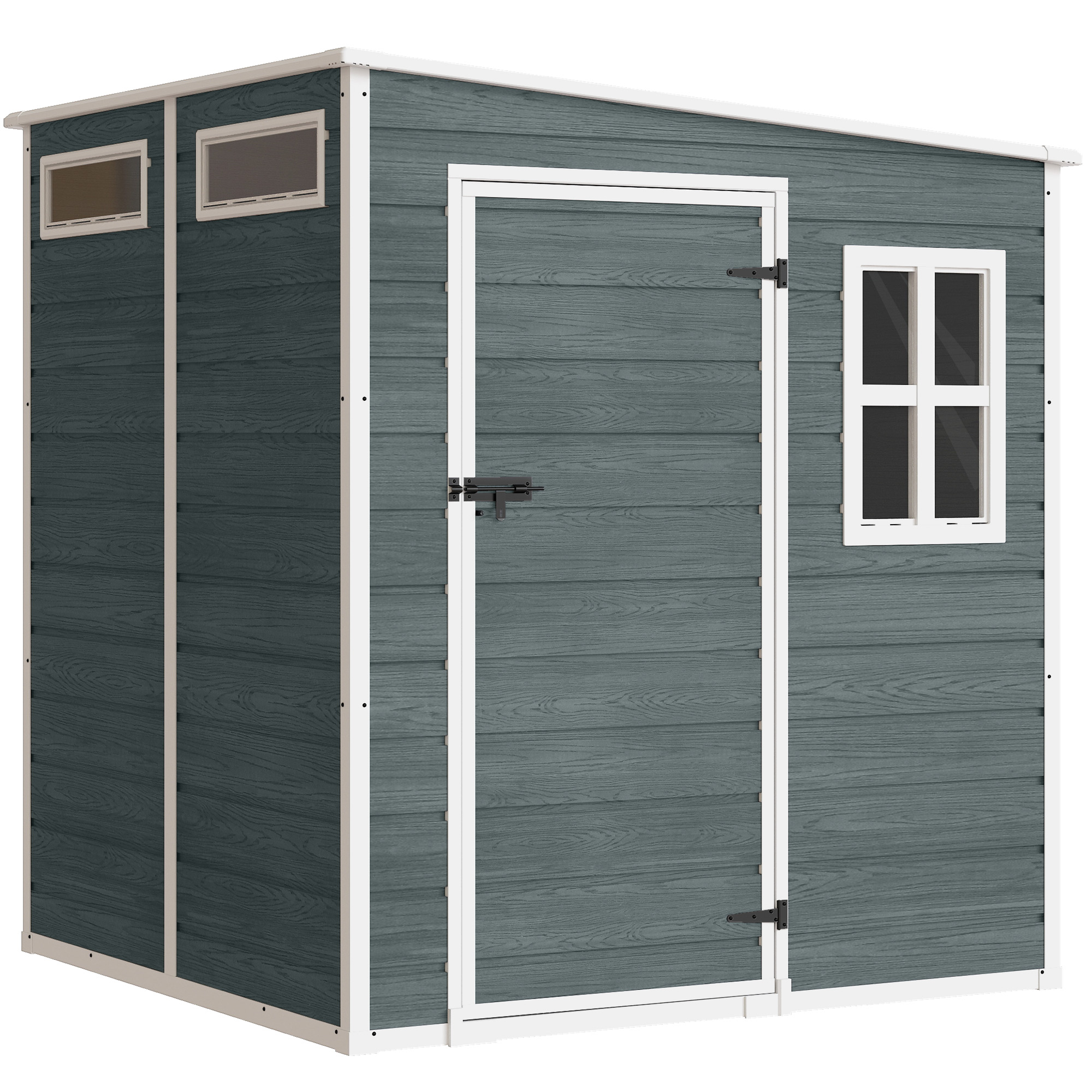 Outsunny Gerätehaus 2,89 m² Geräteschuppen mit Holzoptik 3 Fenster 182 x 182 x 196 cm Kunststoff Gartenschuppen mit Belüftung Boden Schloss Handschuhe, Gartenhaus für Werkzeuge Fahrrad Grau   Aosom