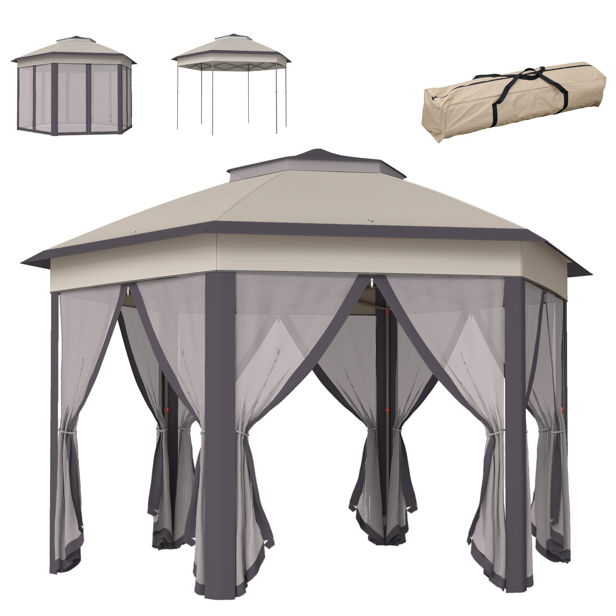 Outsunny Gartenpavillon Faltpavillon 4x4m Pop-Up-Zelt Partyzelt mit Tragetasche und 6 Seitenteilen, Doppeldach sechseckig in Kaffee und Beige Aosom.de