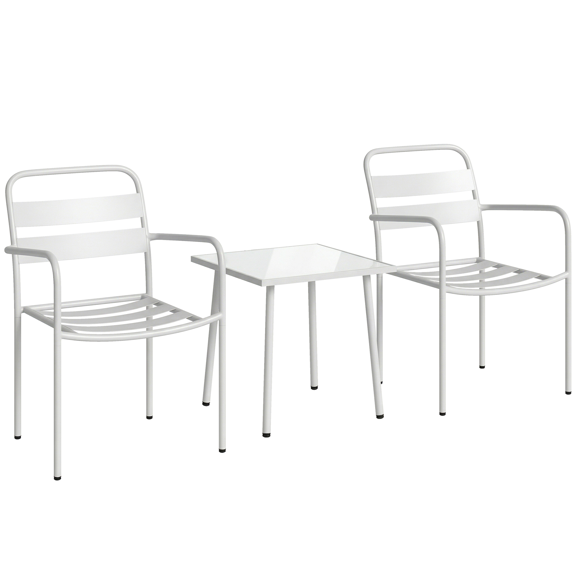 Outsunny Bistroset 3 teiliges Metall Gartenmöbel-Set mit 2 Gartenstühlen, Glastisch, Lamellen-Design, Rostbeständig Balkonmöbel-Set Sitzgruppe Gartengarnitur für Garten, Terrasse, Weiß Aosom