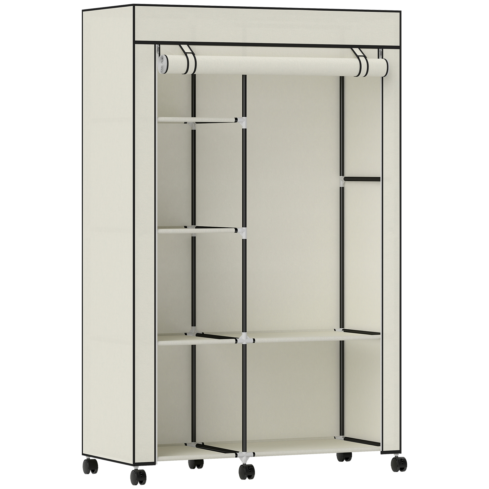 HOMCOM Kleiderschrank Stoffschrank mit Rollen, 6 Ablagen, Kleiderstange, Reißverschluss Faltschrank für Ankleidezimmer, Schlafzimmer, 103 x 43 x 162,5 cm, Creme Aosom