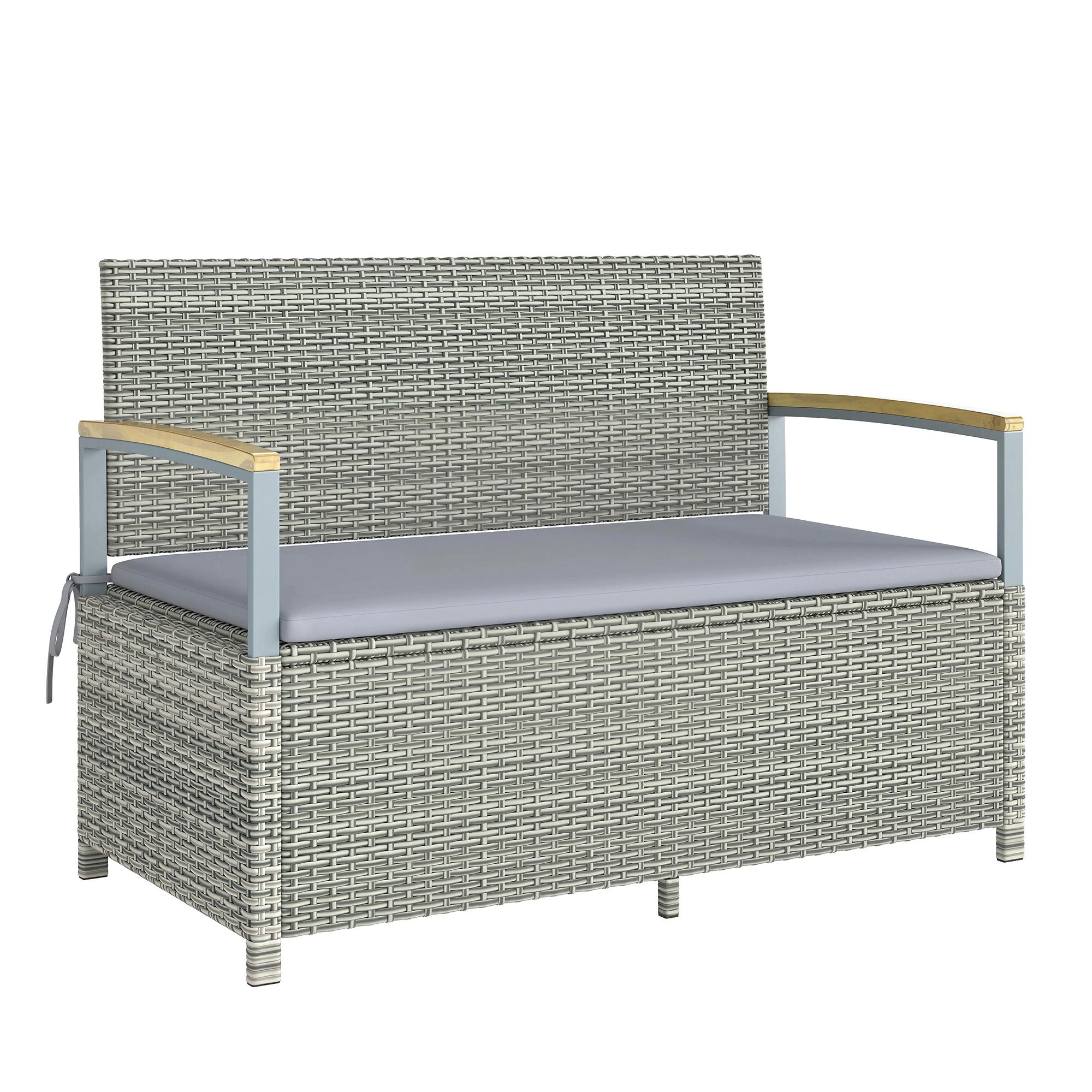 Outsunny Gartenbank Polyrattan 170L 2-Sitzer Sitzbank mit Stauraum abnehmbar Kissen Reißverschluss-Innenauskleidung Holz-Armlehnen, Wetterfest Truhenbank für Werkzeuge Sitzkissen Hellgrau   Aosom