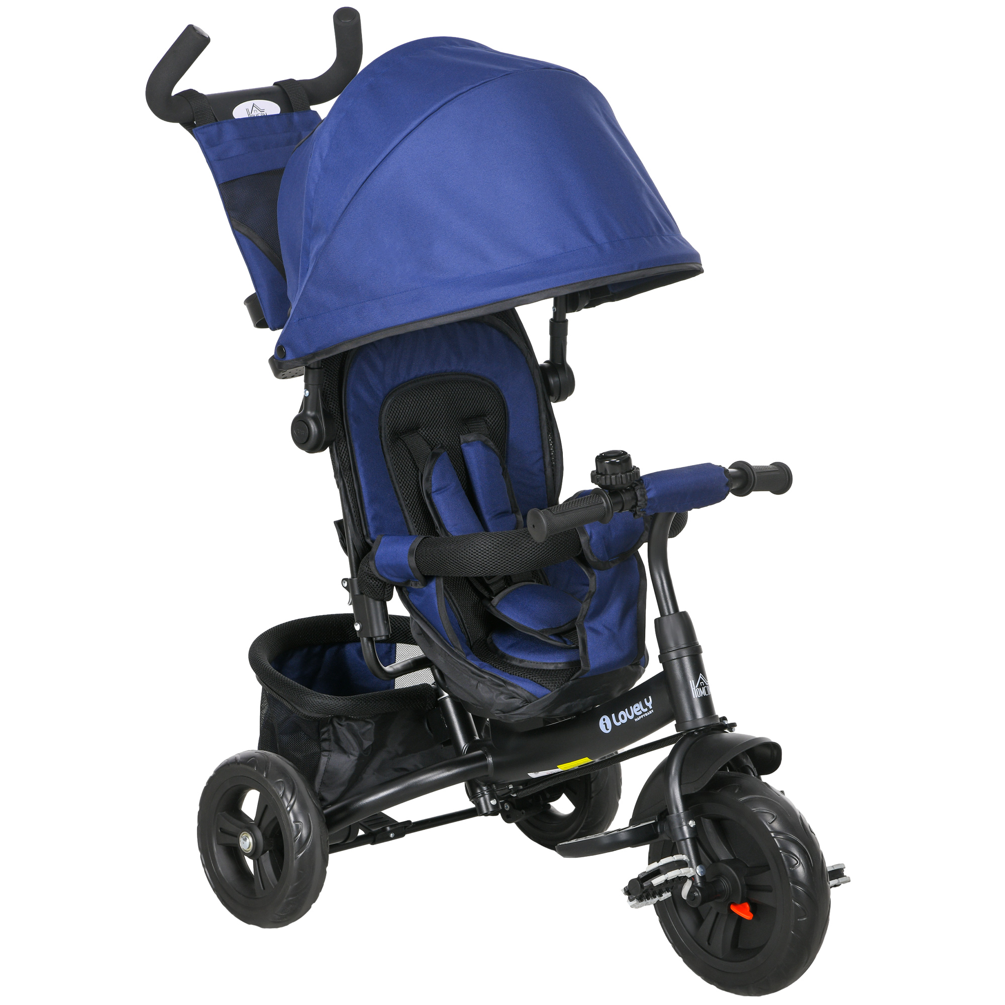 HOMCOM 6-in-1 Dreirad mit Schubstange, Kinderdreirad mit abnehmbarem Sonnendach, Kissen, Laufrad mit 5-Punkt-Sicherheitsgurt, Korb, Becherhalter, für 1-5 Jahre Kinder, Dunkelblau   Aosom