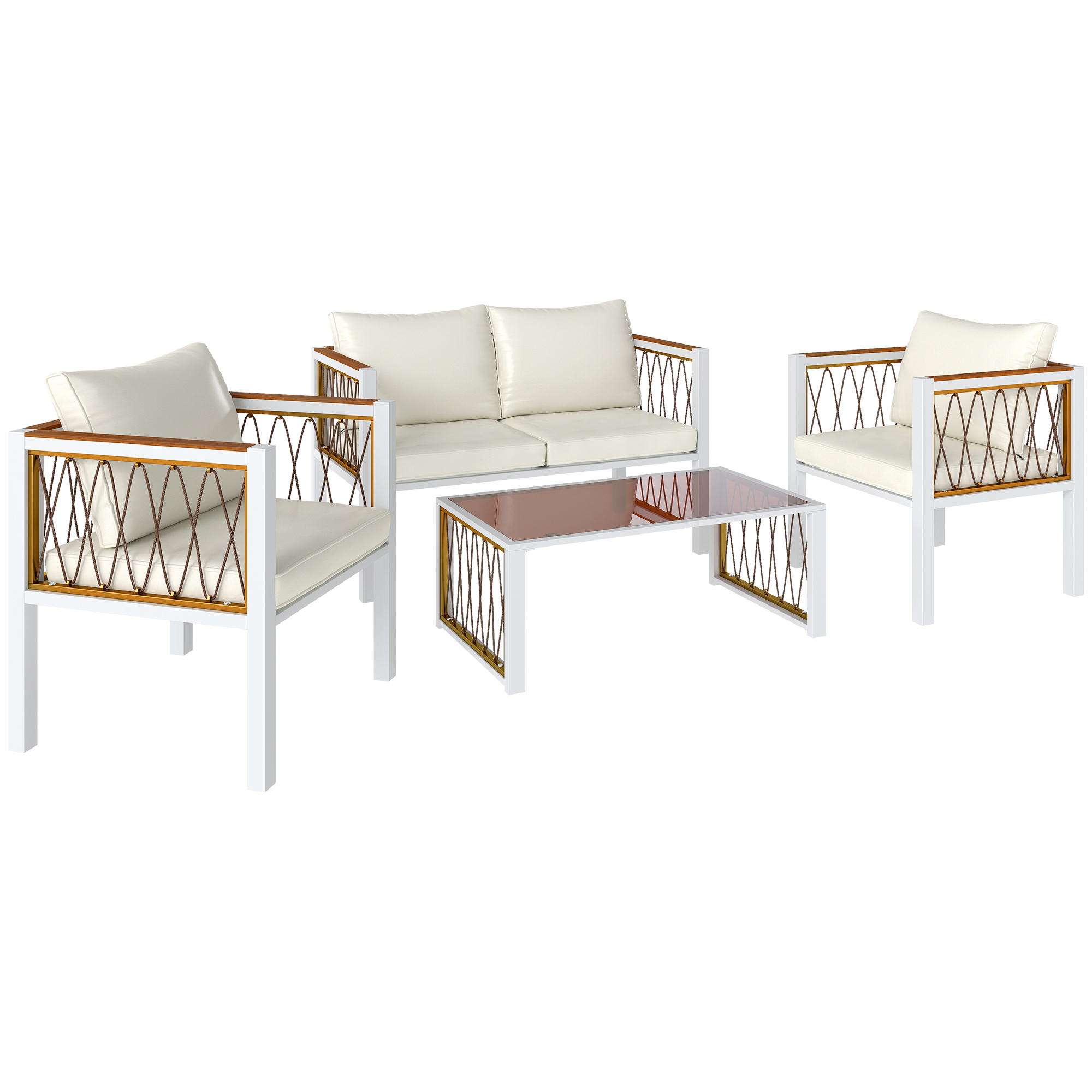 Outsunny Gartenmöbel Set 4-teilig Polyrattan Lounge-Set mit Zweisitzer 2 Sessel Glastisch abnehmbar Kissen rutschfesten Matte, Balkonmöbel für 4 Personen Sitzgruppe für Garten Balkon Cremeweiß Aosom