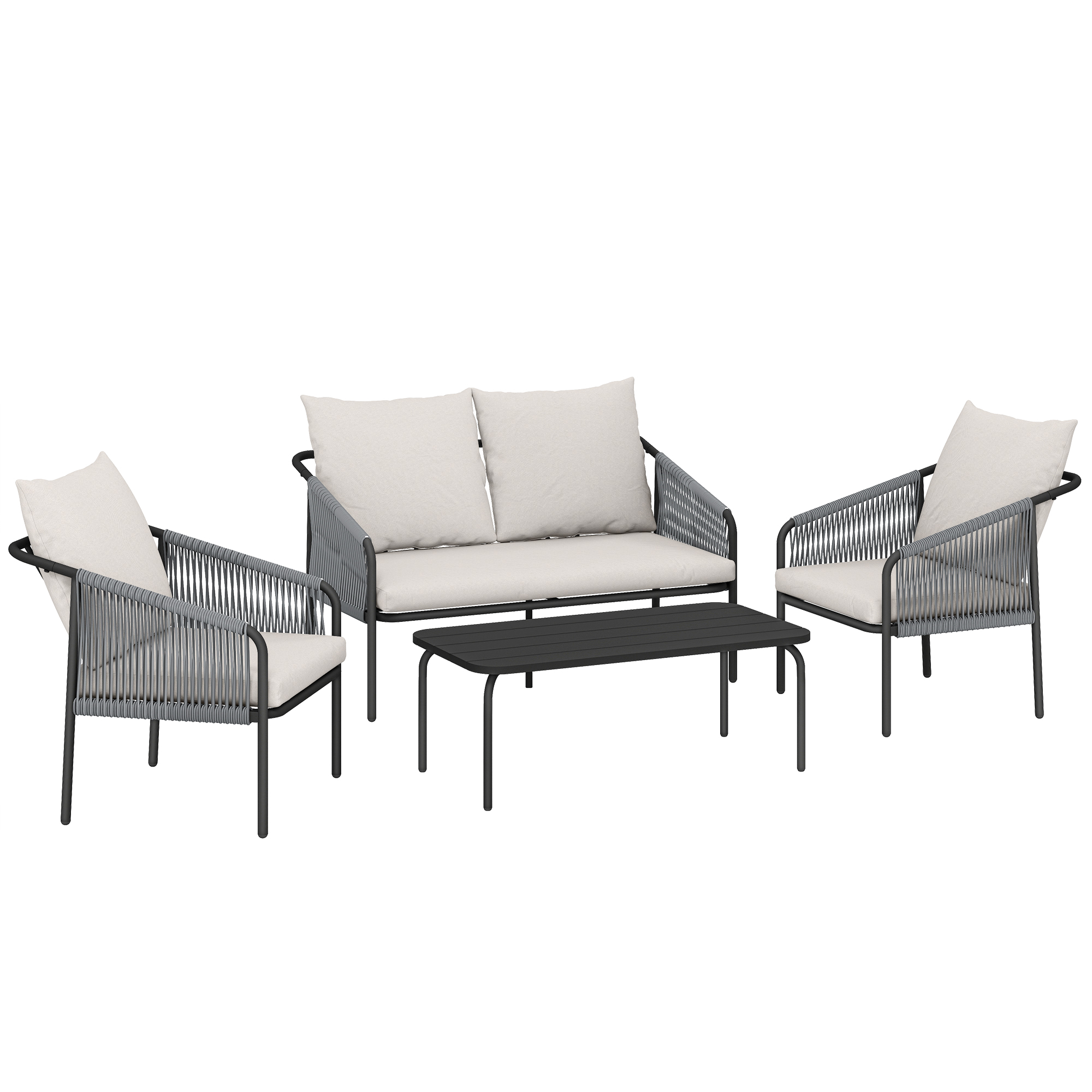 Outsunny Gartenmöbel Set 4-teilig Polyrattan Lounge-Set mit Zweisitzer 2 Sessel Couchtisch abnehmbar Kissen Bindebändern Stahlrahmen, Balkonmöbel für 4 Personen Sitzgruppe für Garten Balkon Khaki Aosom