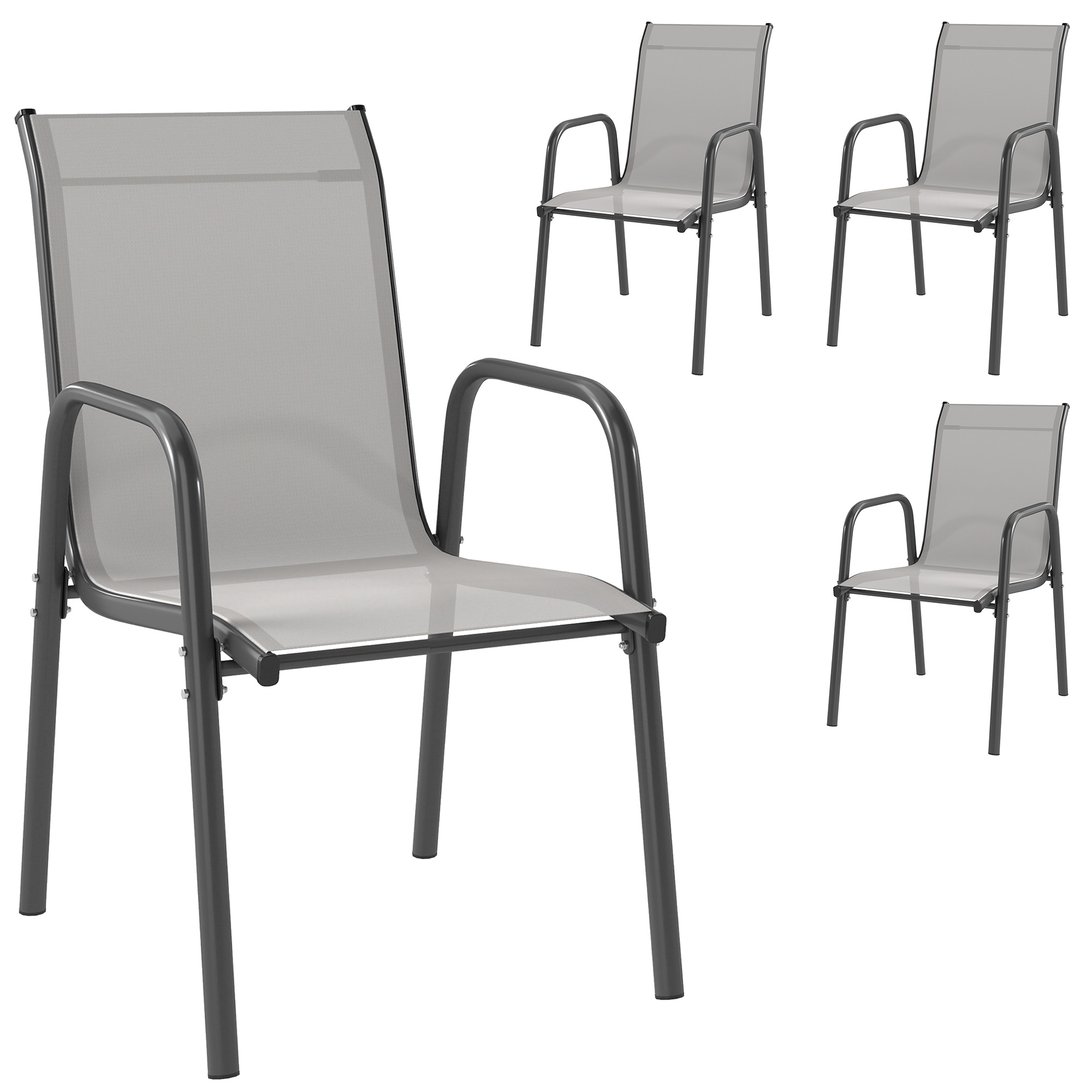 Outsunny Gartenstühle 4er Set Stapelbare Terrassenstühle mit Atmungsaktive Rücken, Armlehnen, wetterfest Balkonstühle 120 kg Belastbar Stapelstühle für Garten Balkon Terrasse 51 x 69 x 87 cm Hellgrau   Aosom