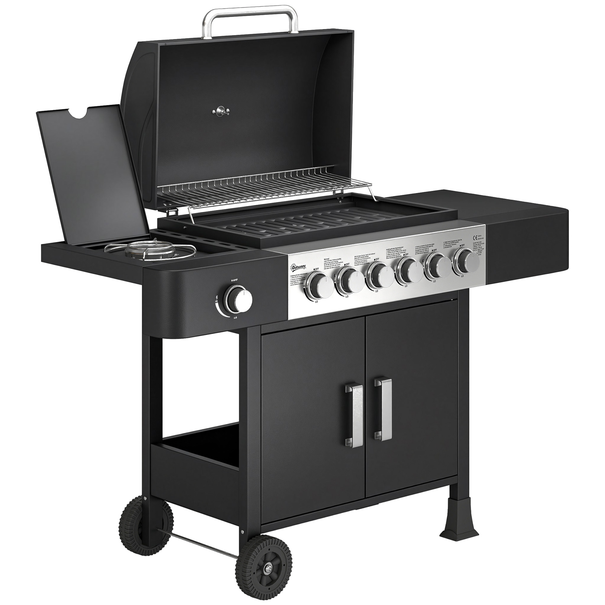 Outsunny Gasgrill 17,8 KW 6+1 Brenner BBQ Grillwagen aus Edelstahl inkl Rolle Seitenbrenner Thermometer Emaille-Grillrost Warmhalterost Seitentisch Unterschrank, Gas-Grill für Balkon BBQ Party   Aosom