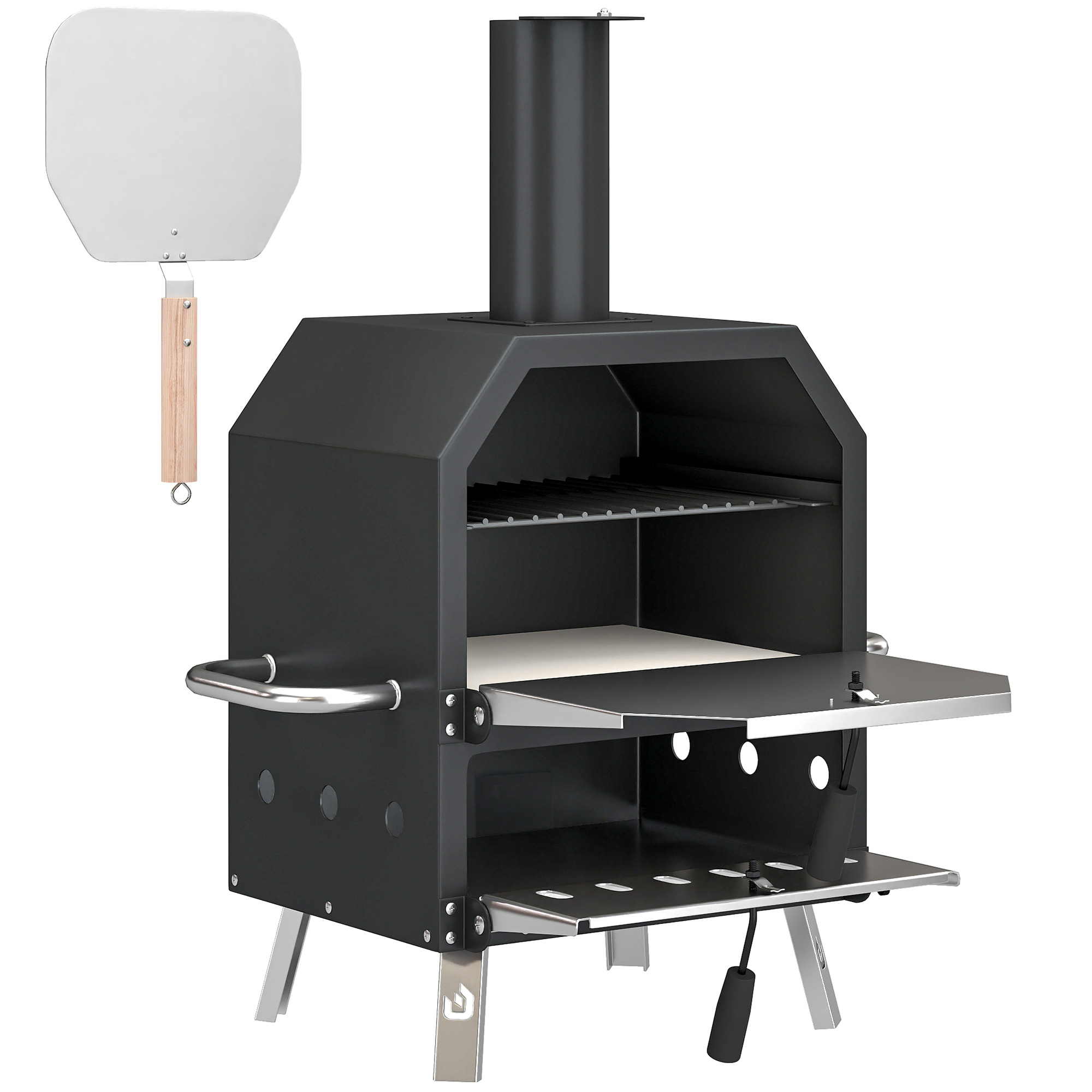 Outsunny Outdoor Pizzaofen Holzbefeuerter Pizza Ofen Edelstahl 2 Ebene Backofen mit 1cm dick Pizzastein Luftöffnung Klappbein Pizzaschaufel Griff Tragbarer Holzofen Pizzaöfen für Camping Garten Party   Aosom