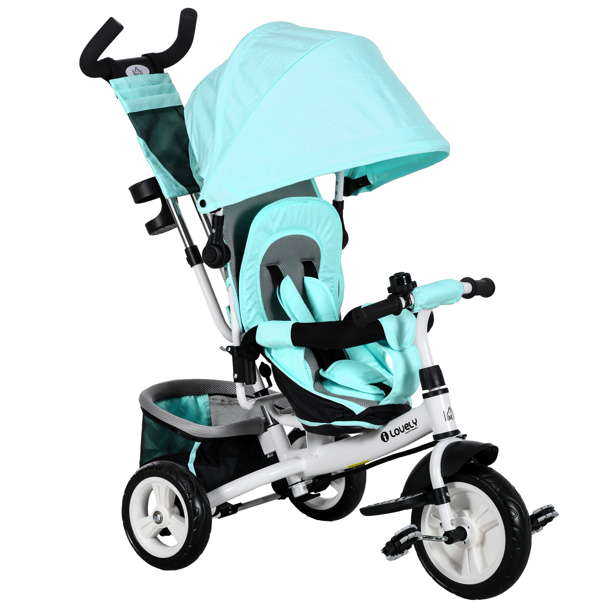 HOMCOM 6-in-1 Dreirad mit Schubstange, Kinderdreirad mit abnehmbarem Sonnendach, Kissen, Laufrad mit 5-Punkt-Sicherheitsgurt, Korb, Becherhalter, für 1-5 Jahre Kinder, Grün Aosom