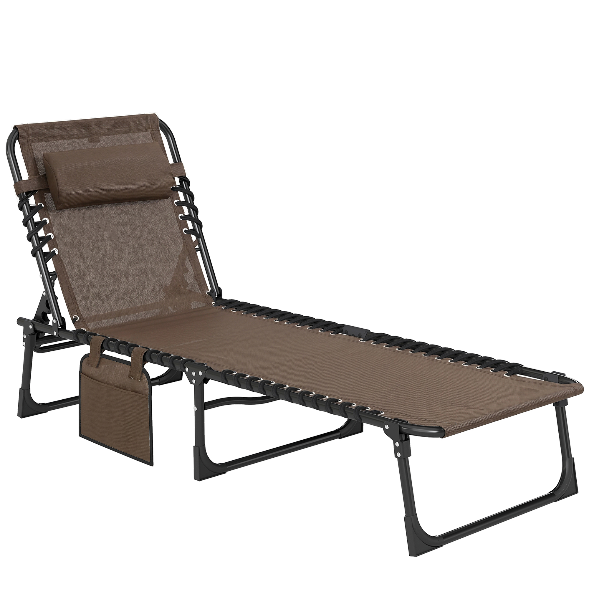 Outsunny Sonnenliege klappbar Gartenliege mit Kopfkissen, Seitentasche, Liegestuhl mit 5-Fach verstellbare Rückenlehne, wetterfeste Campingliege bis 120 kg belastbar, für Garten Strand Pool, Braun   Aosom