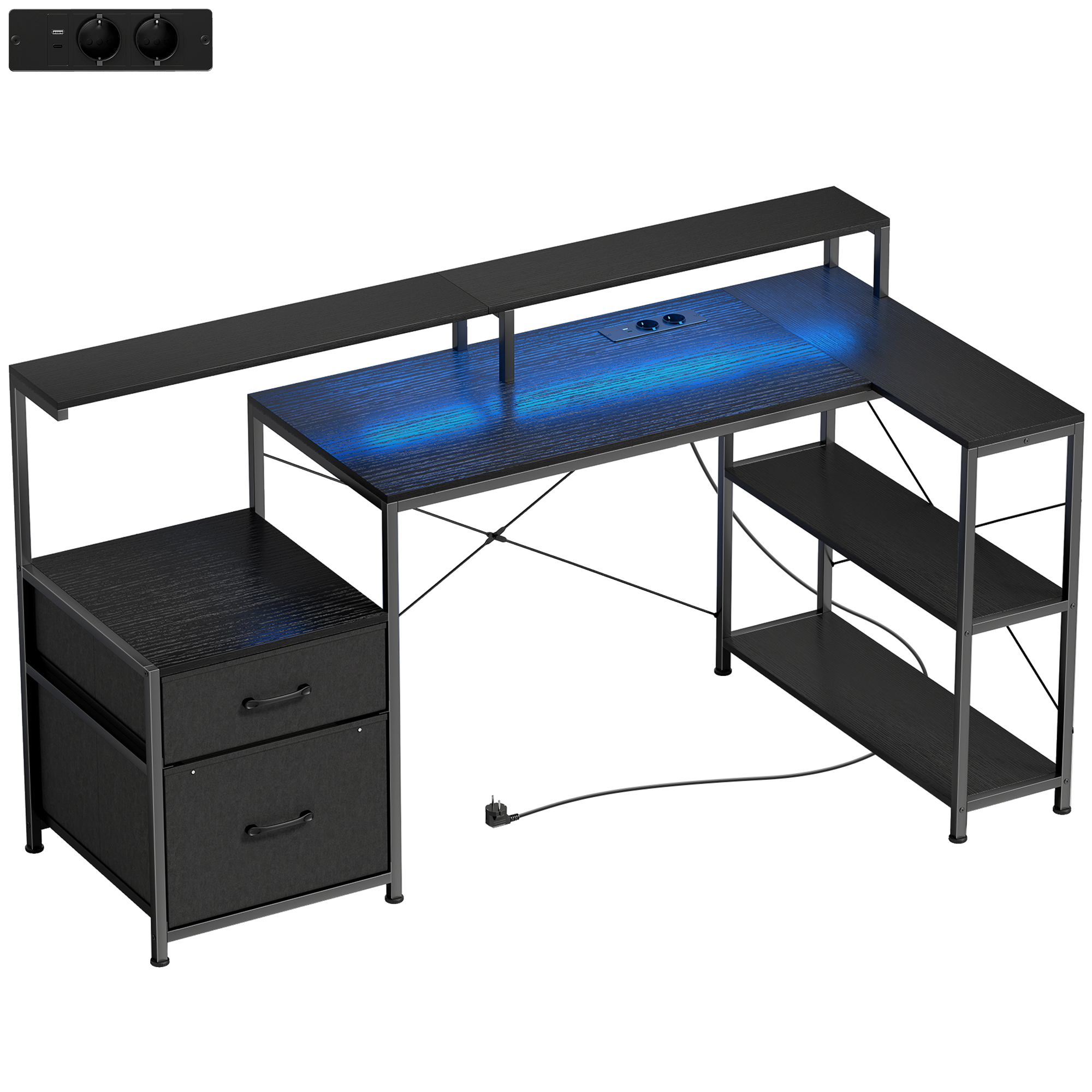 HOMCOM Gaming Tisch L-förmiger 165 x 80 cm Schreibtisch mit LED & Steckdosen, Computertisch mit Doppelmonitorständer, 2 Schublade, Ablagefächer, für Home Office, Spielen, Studium, Schwarze Holzoptik Aosom