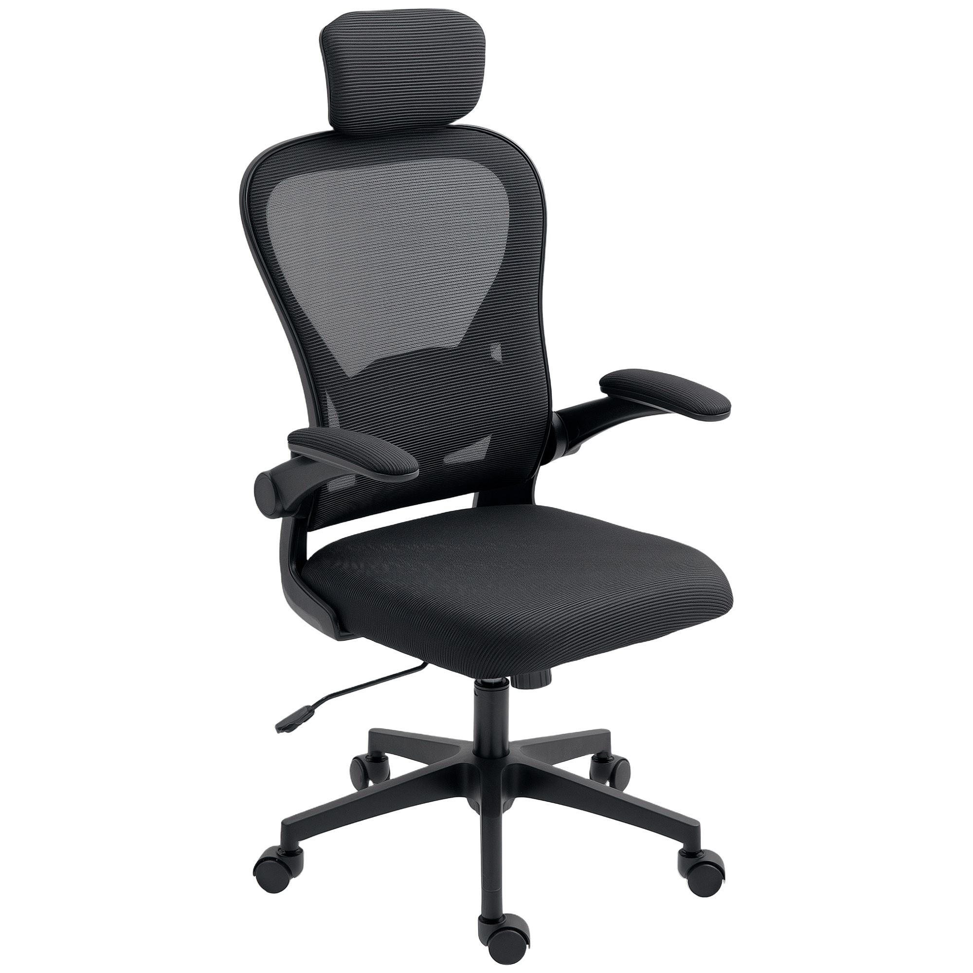 HOMCOM Bürostuhl Ergonomischer Schreibtischstuhl mit Hochklappbaren Armlehnen, Verstellbarer Lendenwirbelstütze, Kopfteil, Höhenverstellbarer Drehstuhl mit Wippfunktion, Netzbespannung Schwarz Aosom
