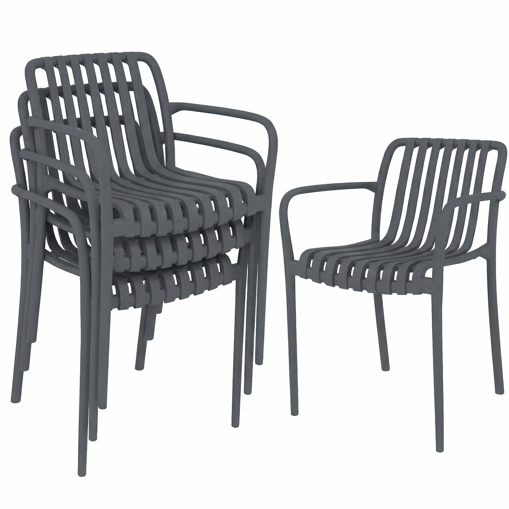 Outsunny Gartenstühle 4er Set Stapelbare Terrassenstühle mit Lamelldesign Armlehnen, Ergonomisch Balkonstühle bis 120 kg Stapelstühle für Garten, Balkon Terrasse 55 x 58,5 x 81,5 cm Dunkelgrau Aosom