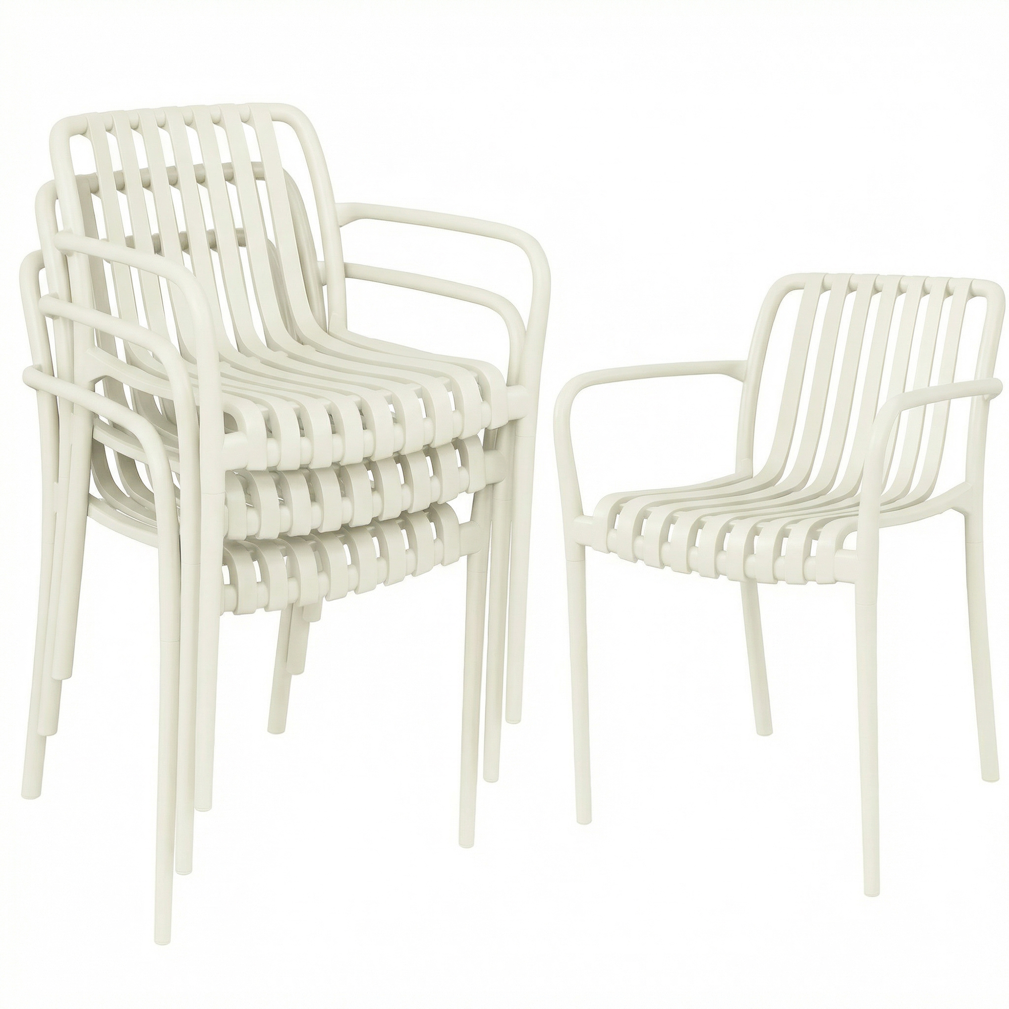 Outsunny Gartenstühle 4er Set Stapelbare Terrassenstühle mit Lamelldesign Armlehnen, Ergonomisch Balkonstühle bis 120 kg Stapelstühle für Garten, Balkon Terrasse 55 x 58,5 x 81,5 cm Cremeweiß Aosom