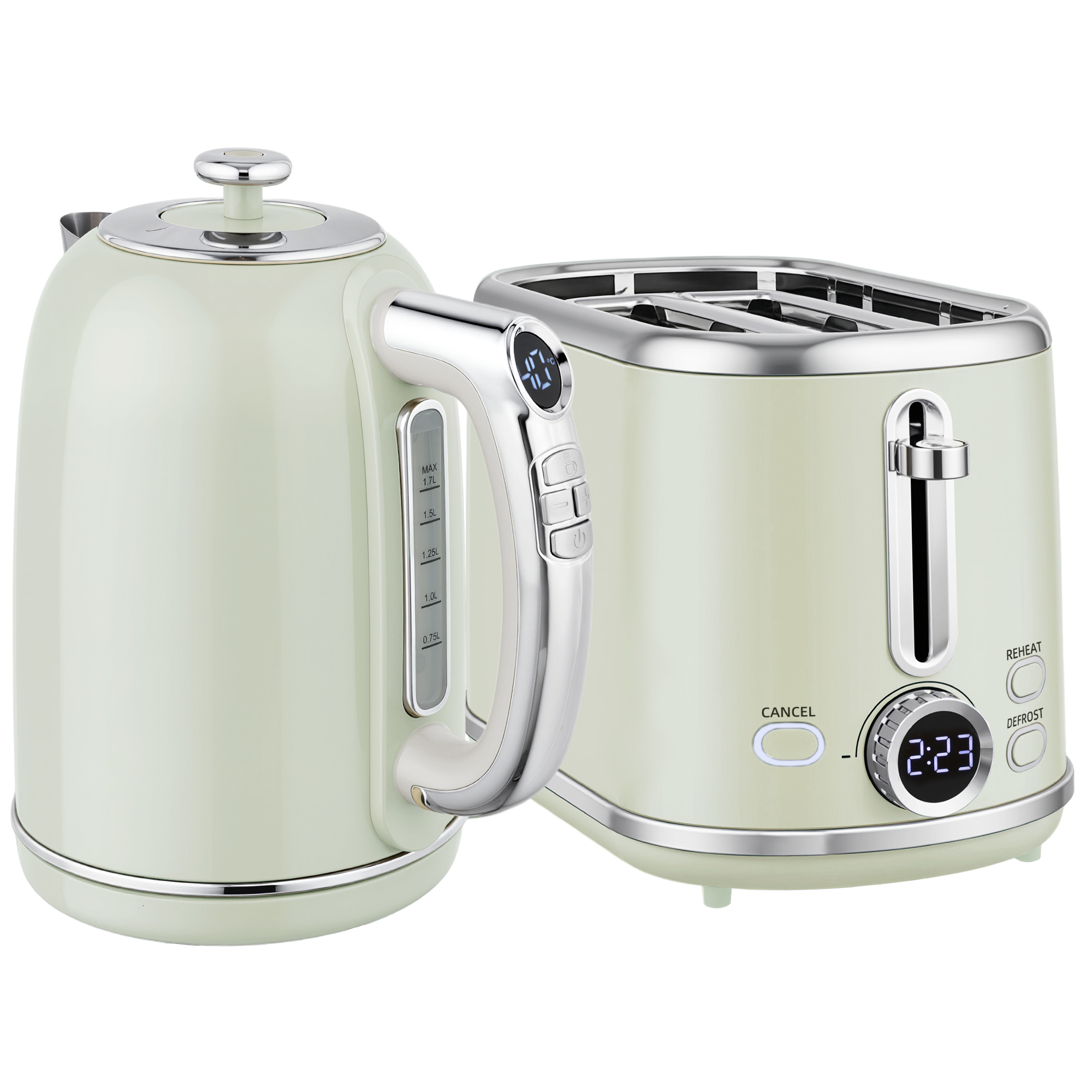 HOMCOM Wasserkocher Toaster Set 1,7L Edelstahl Wasserkocher 2 Scheiben Toaster mit 6 Bräunungsstufen, 2200W Frühstücksset mit Auftauen, Aufwärmen, Memory-Funktion, LED Display, Warmhaltefunktion Aosom