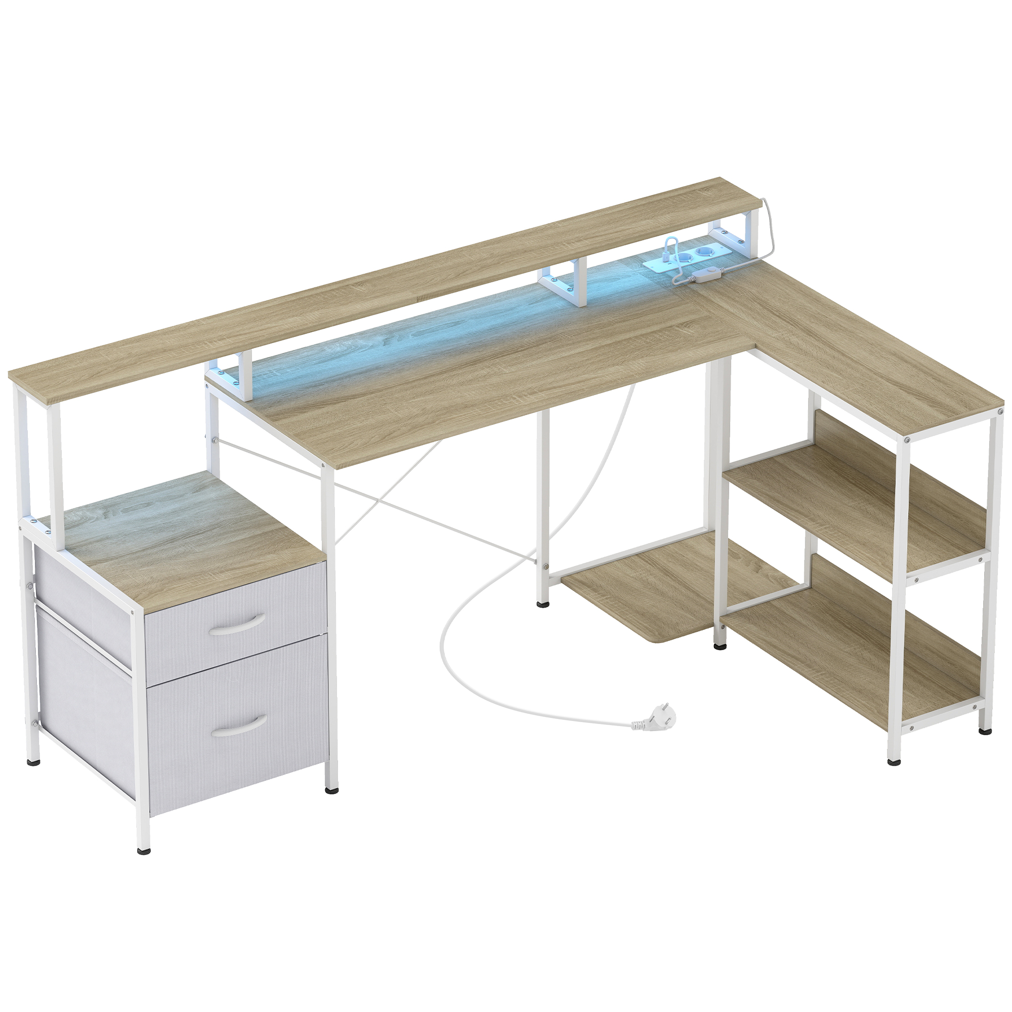 HOMCOM Eckschreibtisch mit Steckdosen und RGB-LED, Computertisch 172x100 cm, Monitorhalter, 2 Stoffschubladen, Druckerablage, Schreibtisch für Schlafzimmer oder Arbeitszimmer, Weiß Aosom