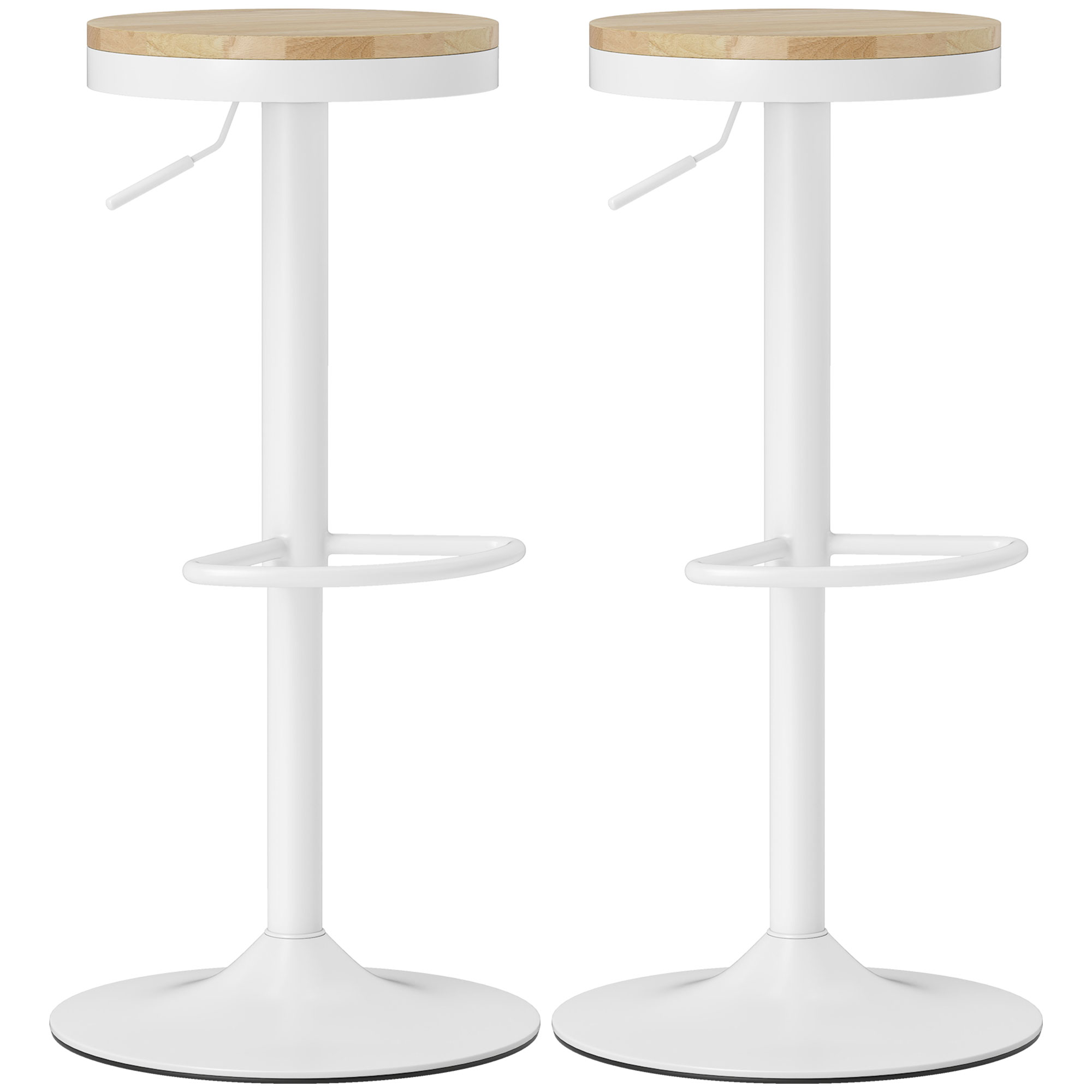 HOMCOM Barhocker 2er Set, Höhenverstellbar Barstuhl mit Stahlgestell, 360° Drehbar Küchenstühle mit Fußstütze Tresenhocker für Küche, Wohnzimmer, Esszimmer Naturholz+Weiß Aosom