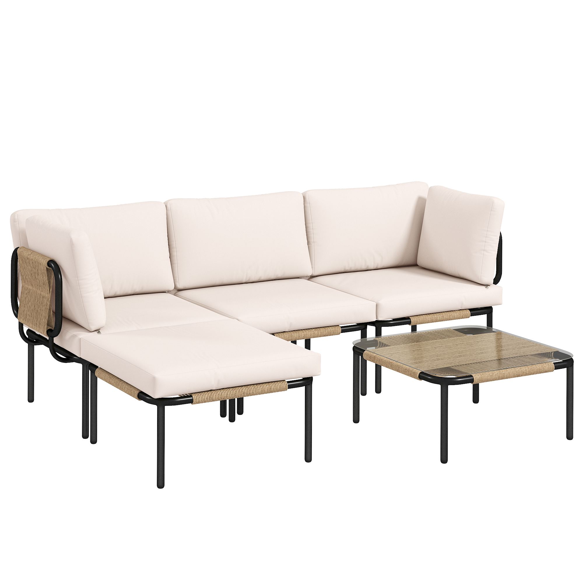 Outsunny Polyrattan Gartenmöbel Set 5-teilig Lounge Set mit 3 Sessel Glastisch Hocker Breit & Tief Sitz abnehmbar Kissen, modulare Sitzgruppe für 4 Personen Lounge Möbel für Garten Terrasse Khaki Aosom