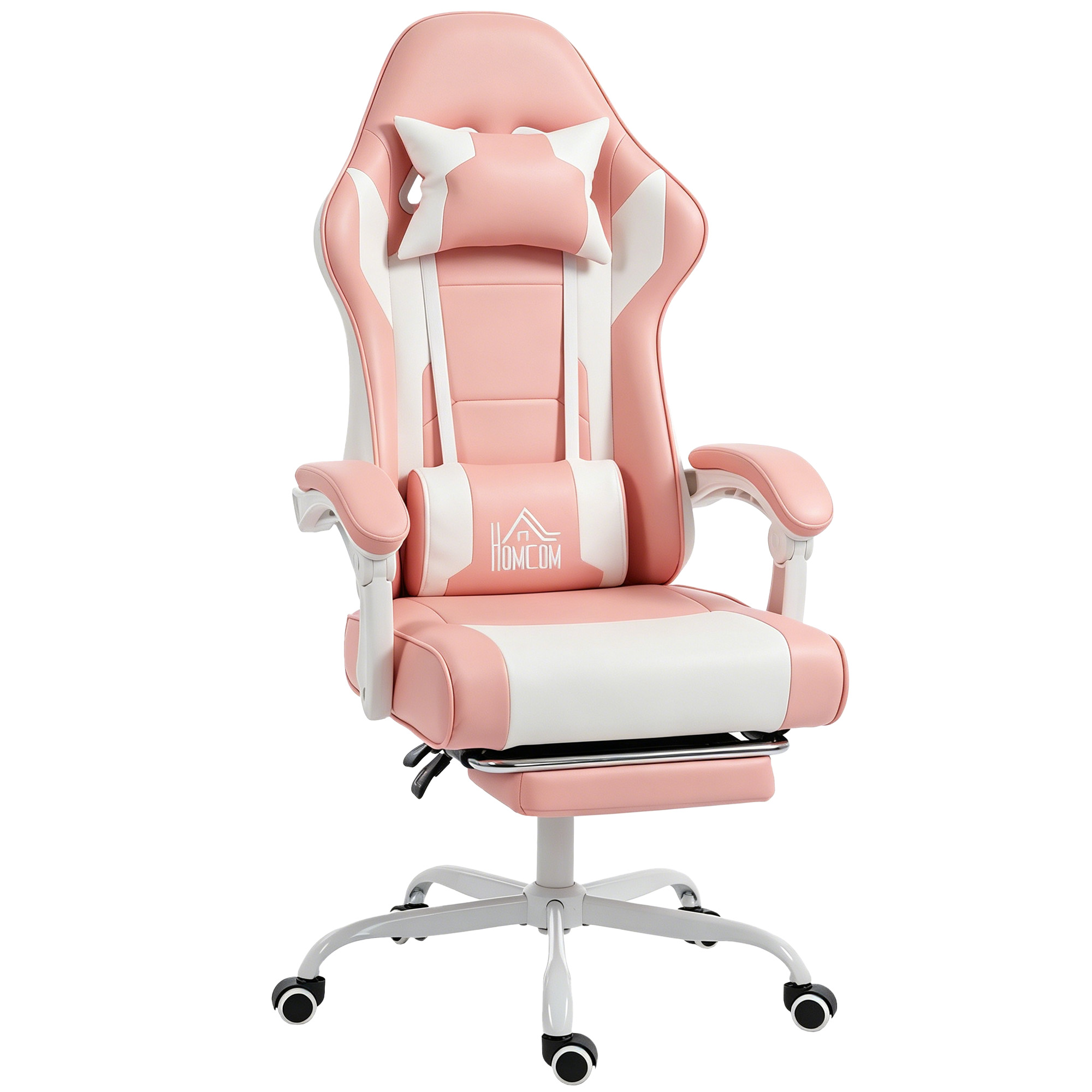 HOMCOM Ergonomischer Gaming-Stuhl, Gaming-Stuhl mit Lendenmassage Vibration, 155° neigbar, Höhenverstellbar, Kopfstütze und ausziehbare Fußstütze, für Büro, Arbeitszimmer, Rosa Aosom