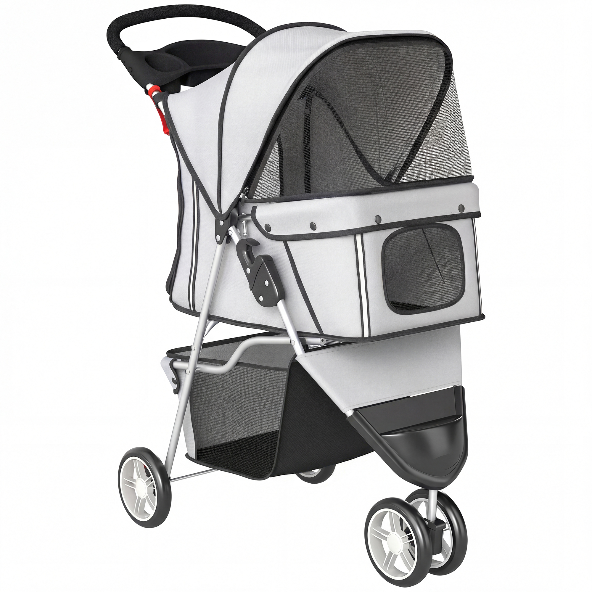 PawHut Hundewagen Hundebuggy Faltbar Katzenwagen bis 10kg mit verstellbarem Verdeck, Aufbewahrungskorb, Getränkehalter, atmungsaktivem Mesh, Haustierbuggy für kleine Hunde, Grau Aosom