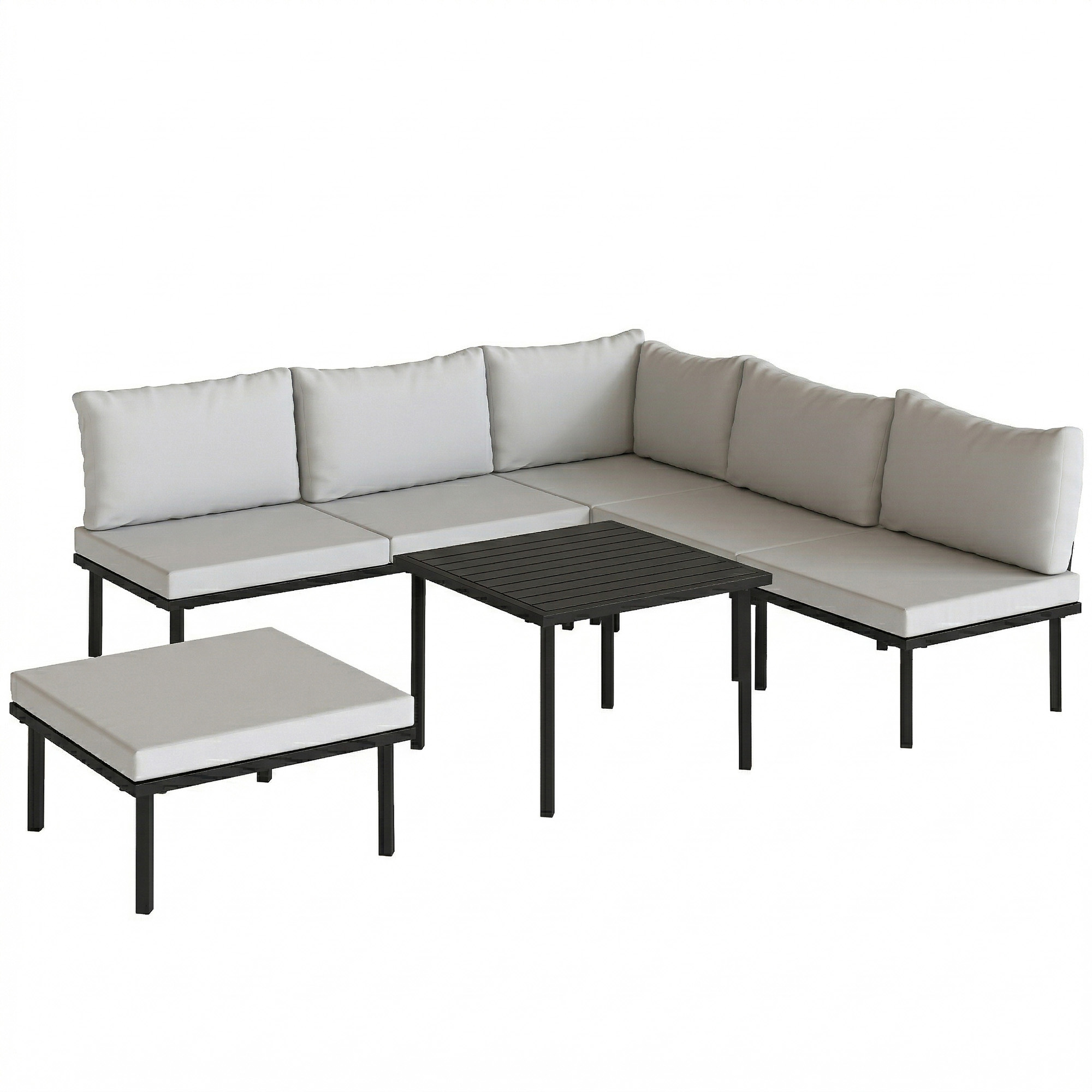 Outsunny Lounge Gartenmöbel Set 5-6 Personen Gartenlounge Set mit 2 Sitzer Gartensofa 2 Stühle Eckstuhl Lamell-Tisch Fußhocker dicke Kissen, Balkonmöbel Ecksofa Outdoor Sitzgruppe Hellgrau Aosom
