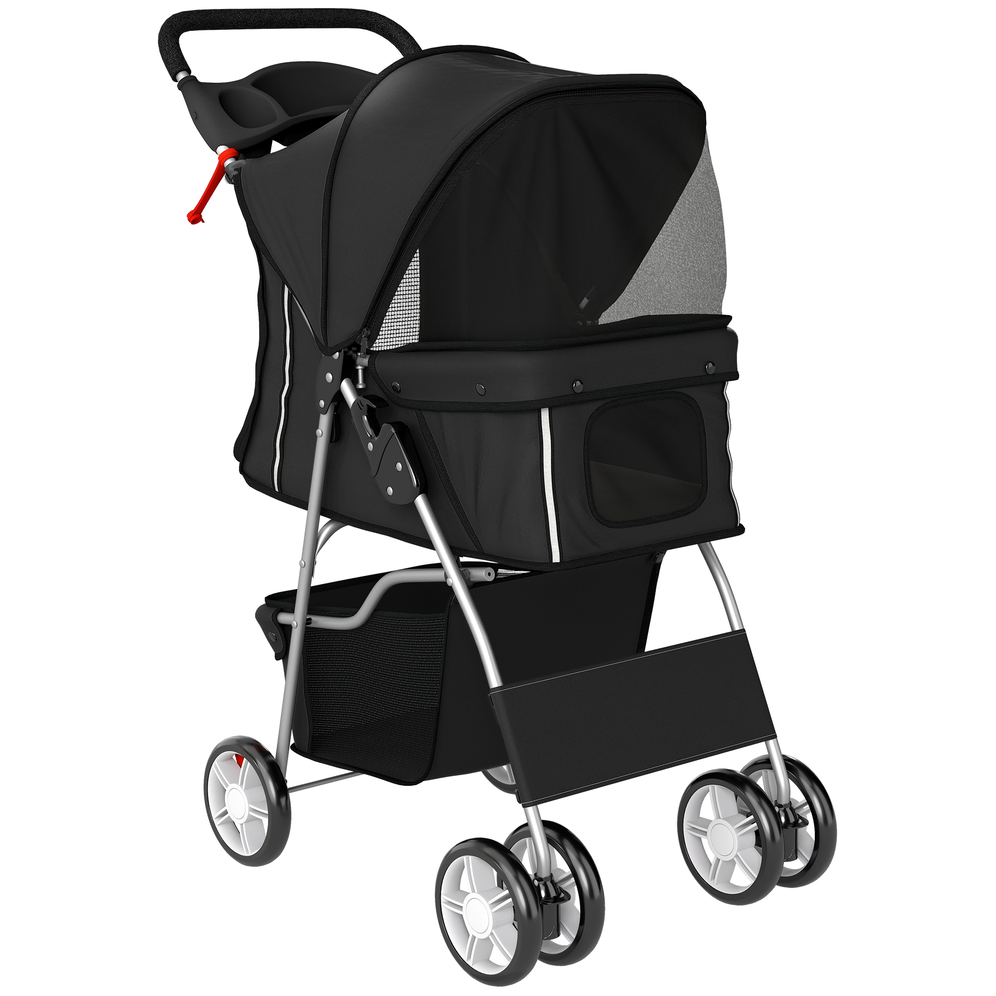 PawHut Hundewagen Hundebuggy Faltbar Katzenwagen bis 10kg mit Reflektorstreifen Aufbewahrungskorb waschbar Kissen Netzfenstern Getränkehaltern 360° drehbare Räder mit Bremse für kleine Hunde Schwarz Aosom