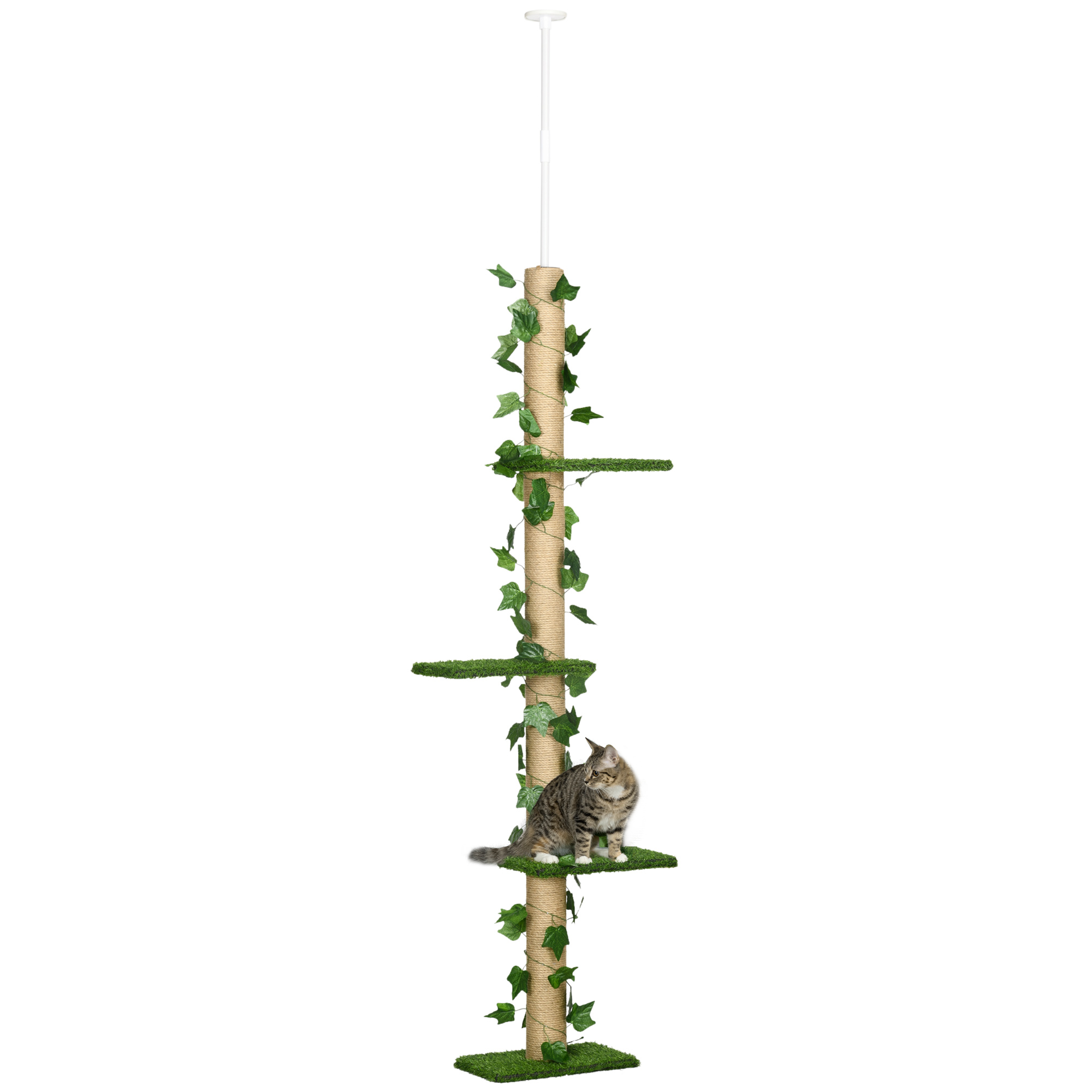 PawHut Kratzbaum Deckenhoch 202-242 cm, höhenverstellbar Kletterbaum mit Kippschutz, Spielbaum aus Jute in Grün und Gelb Aosom.de
