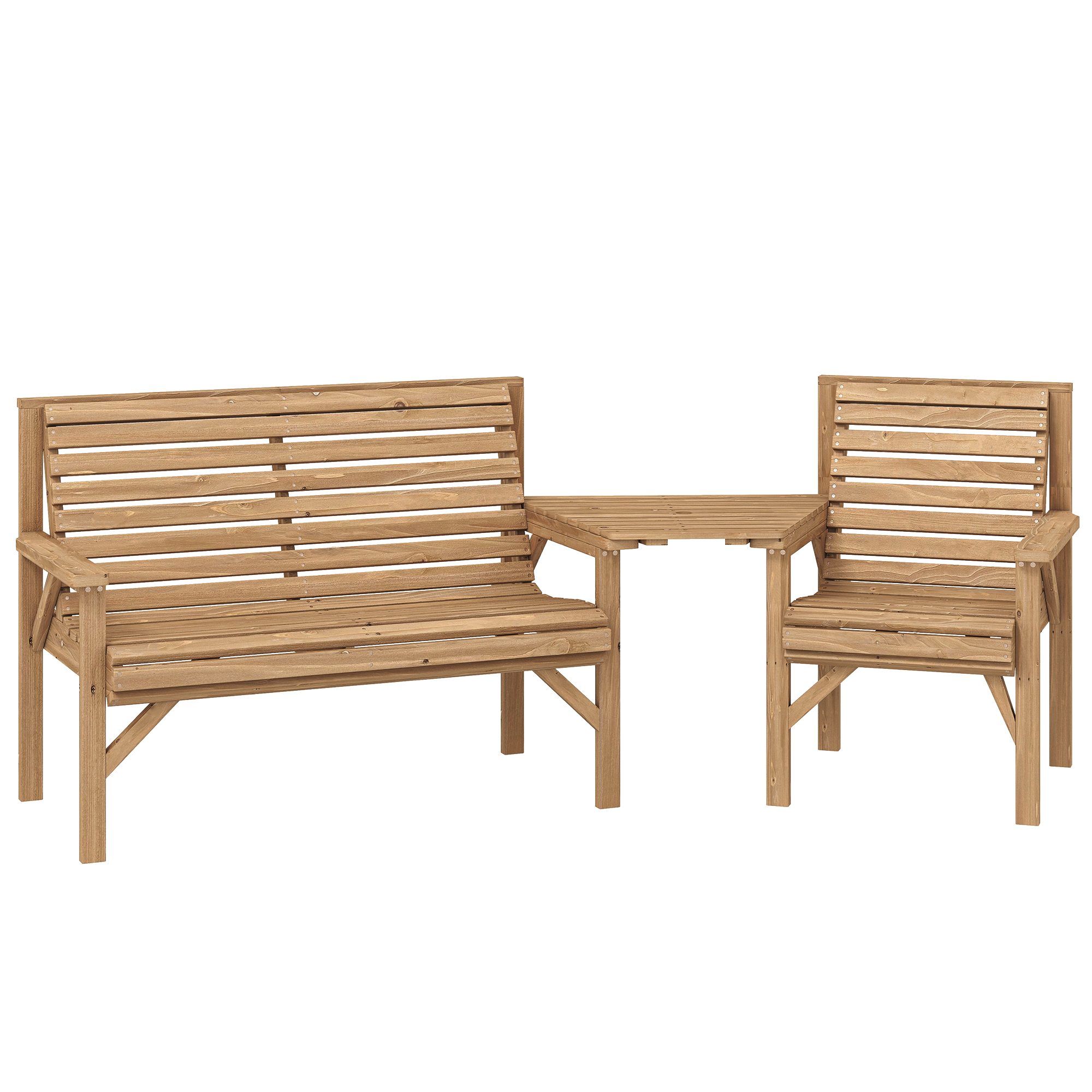 Outsunny Gartenstühle 3er-Set, Balkonmöbel Set mit Sonnenschirmloch, Gartenstuhl, Bank, abnehmbarem Tisch, Terrassenstühle Sitzgruppe für Balkon, Terrasse, Garten, Naturholz, 121 x 65 x 90 cm Aosom