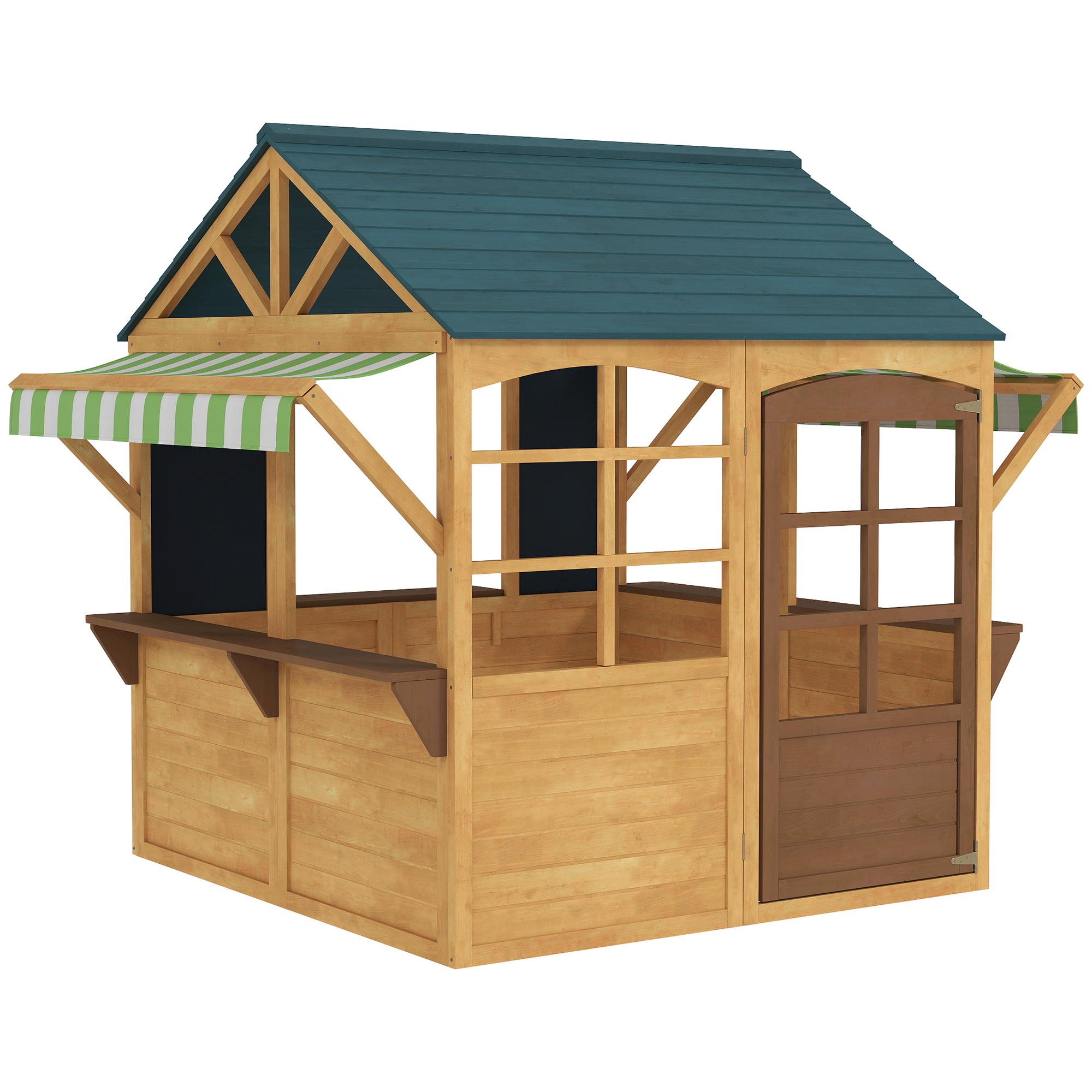 AIYAPLAY Spielhaus aus Holz Faltbar Kinderspielhaus Outdoor mit Fenstern, Tür, Fensterbank, Regenkappen, Kinderhaus, Gartenhaus für Kinder 3-8 Jahre Aosom
