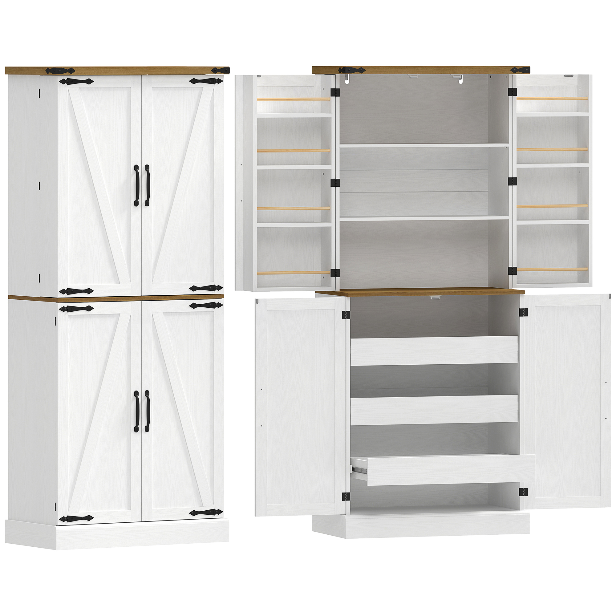 HOMCOM Hoher Küchenschrank, Küchenschrank, Vitrinenschrank, 4 Türen, 3 Schubladen, 8 Gewürzhalter und verstellbare Regale, rustikaler Stil, Aufbewahrungsmöbel für Wohnzimmer, Esszimmer, 76x40x182cm, weiß Aosom