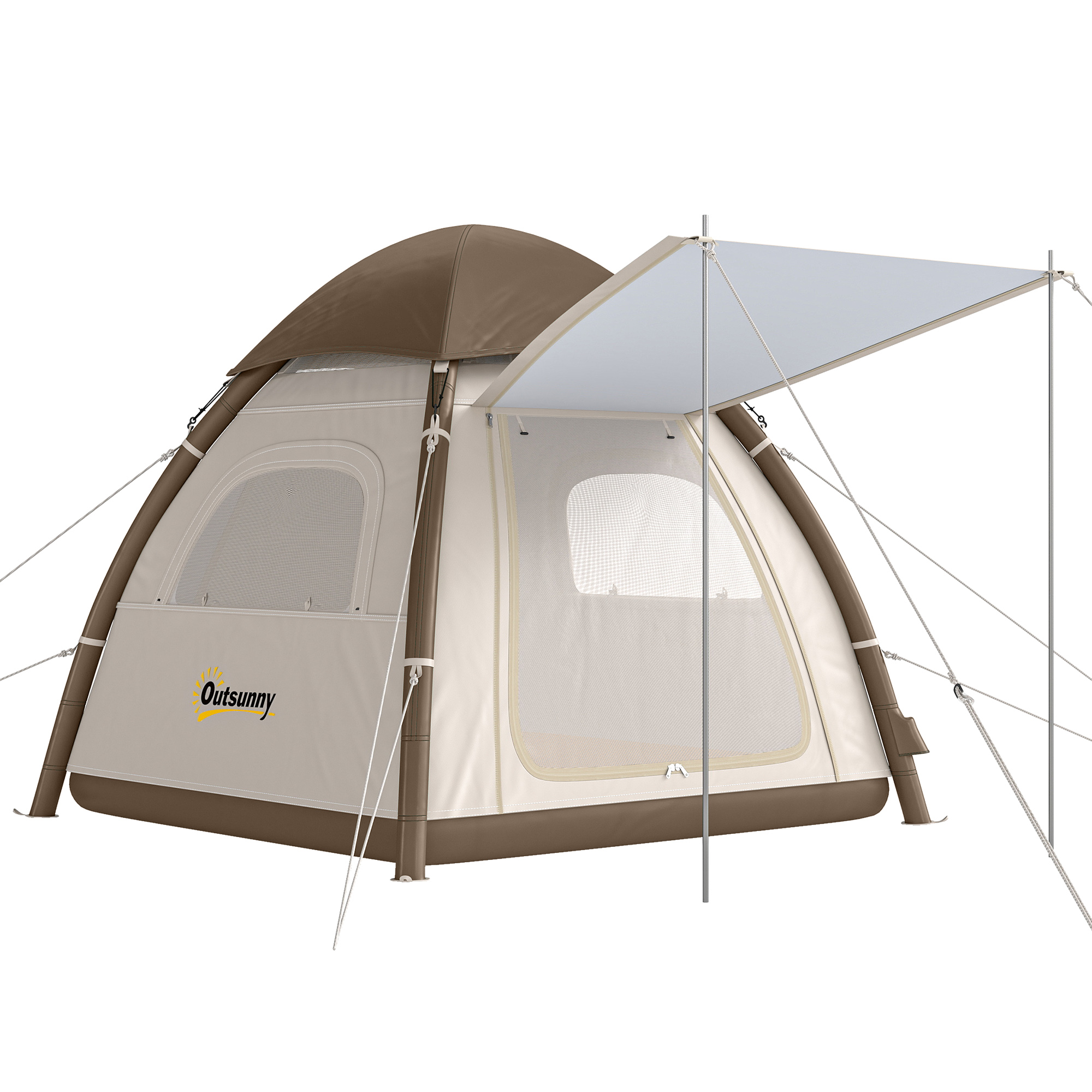 Outsunny Aufblasbares Zelt 3 Personen Schneller Aufbau Outdoor Camping Zelt mit Luftpumpe Meshfenster abnehmbar Dach fluoreszierend Heringen Stehhöhe Vordach 3000 mm Wassersäule Air Glamping Zelte Aosom