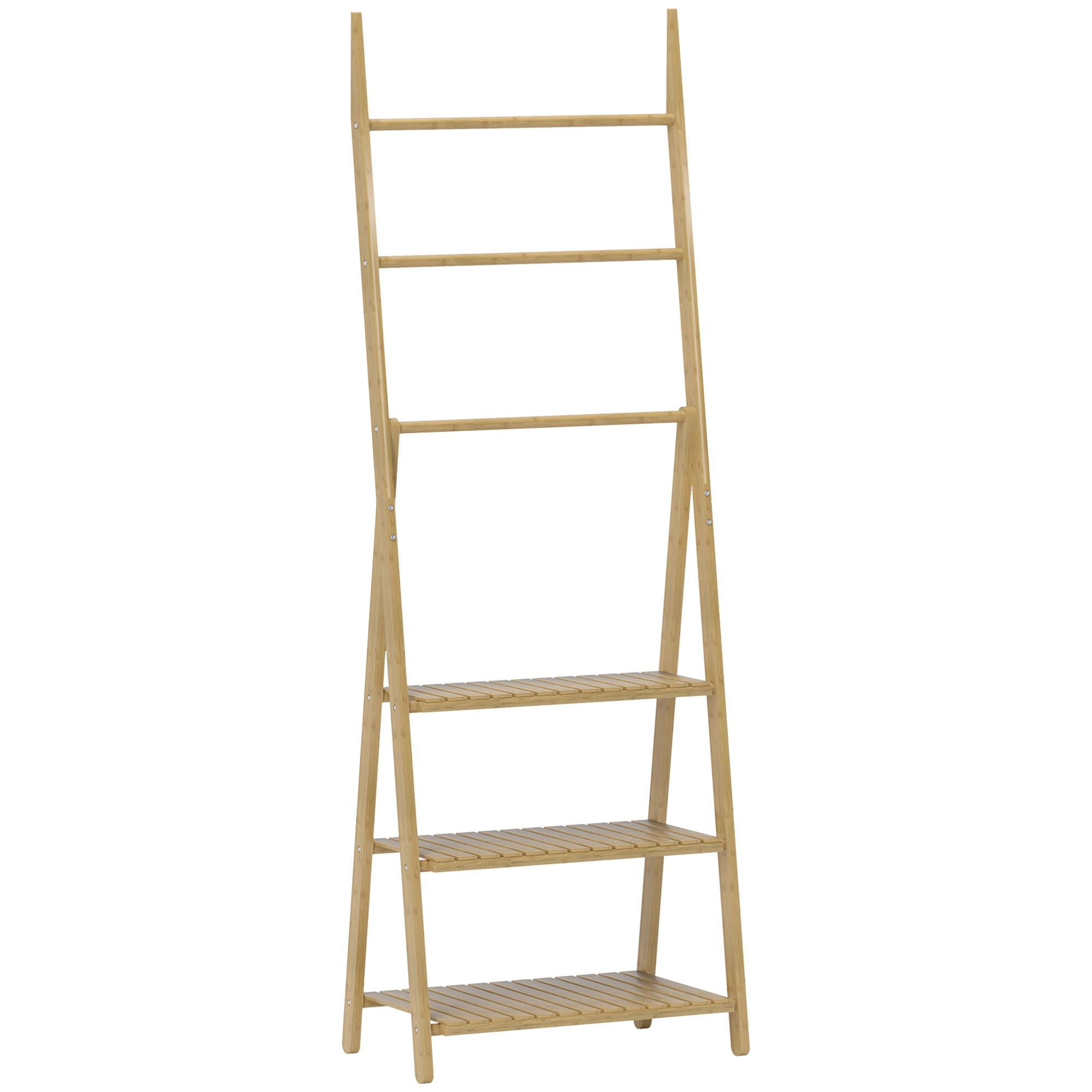 HOMCOM Badregal, Badezimmerregal mit 3 Ebenen, Aufbewahrungsregal aus Bambus, A-Form Standregal mit Handtuchhalter für Badezimmer, Wohnzimmer, Küche, 53,5 x 30 x 153 cm, Naturholz   Aosom