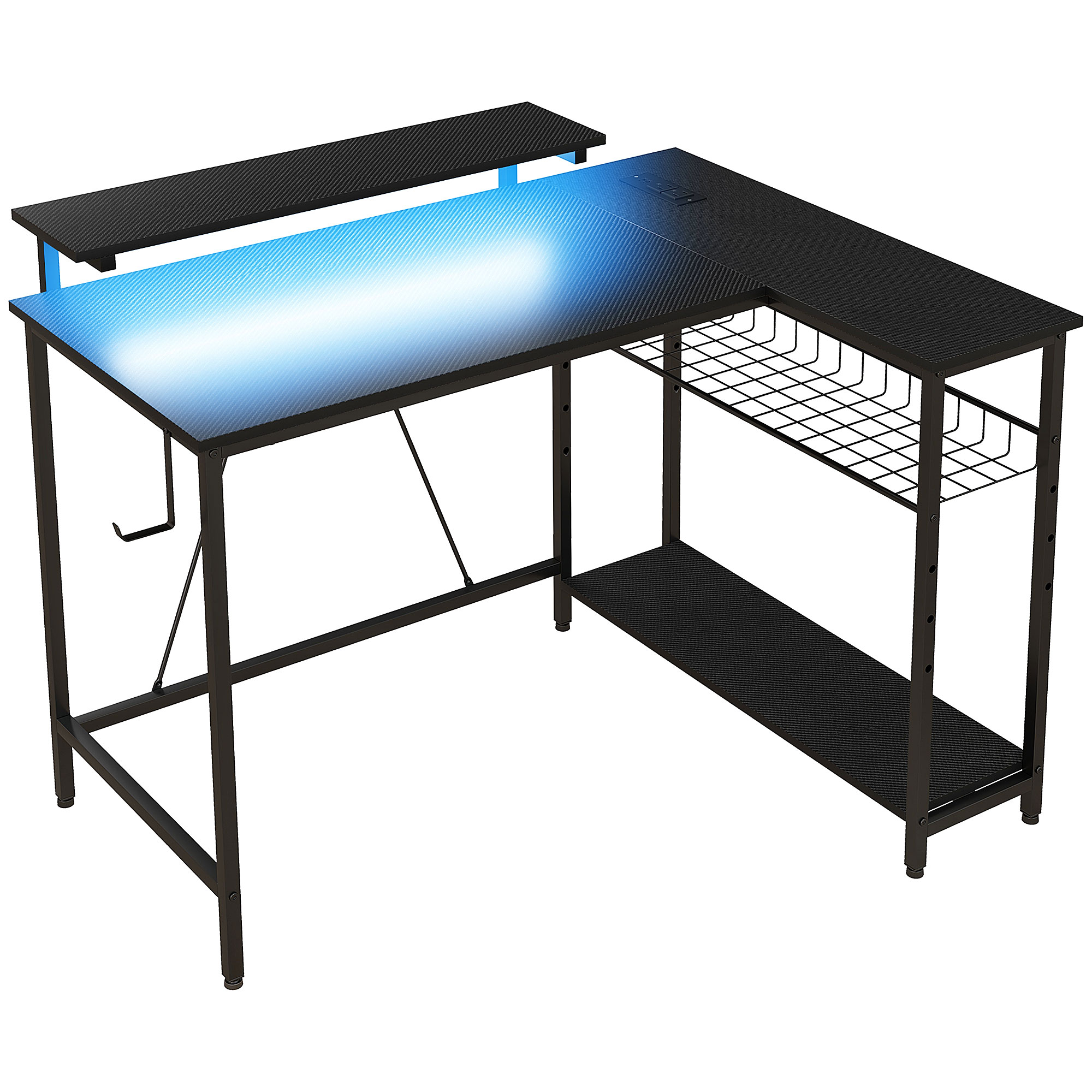HOMCOM Schreibtisch L Form mit LED, Steckdosen, USB, Computertisch mit Regal Monitorständer & Haken Reversible Gaming Tisch Eckschreibtisch mit verstellbarem Korb für Büro, 107 x 80 x 90 cm, Schwarz Aosom