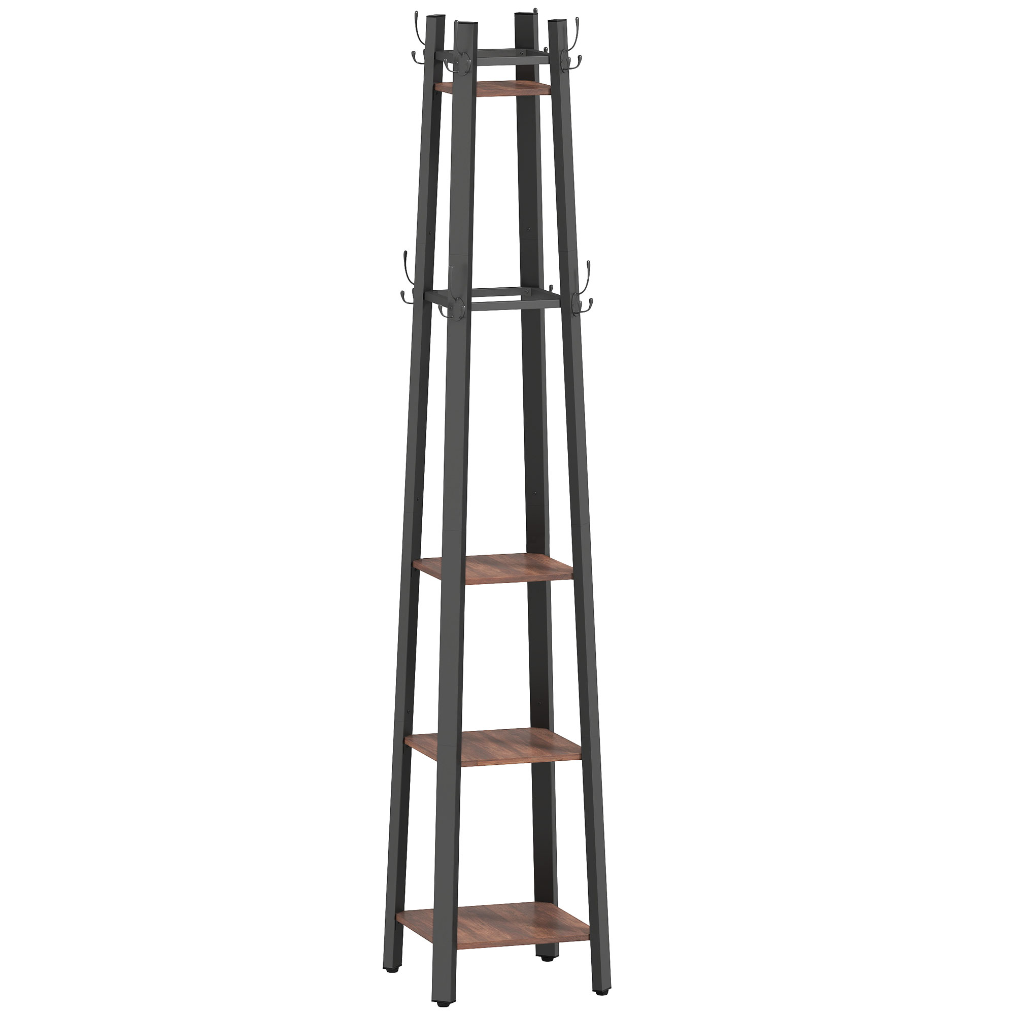 HOMCOM Garderobenständer, Kleiderständer mit 4 Ablagen und 8 Haken Garderobe Jackenständer im Industrie-Stil für Kleidung, Tasche und Hut, für Flur und Schlafzimmer Braun Aosom