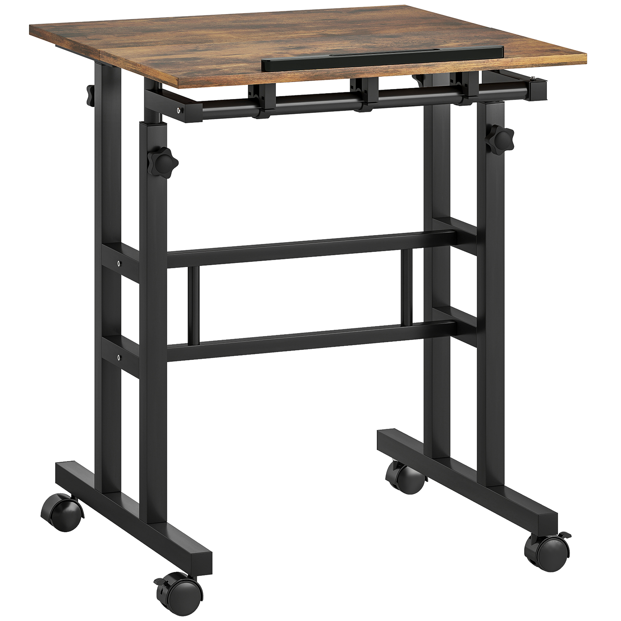 HOMCOM Schreibtisch Höhenverstellbar Küchentisch mit Regal, Rollen, Computertisch Arbeitstisch Laptoptisch Büroregal Rustikal Braun 60 x 60 x 70,5-120 cm   Aosom