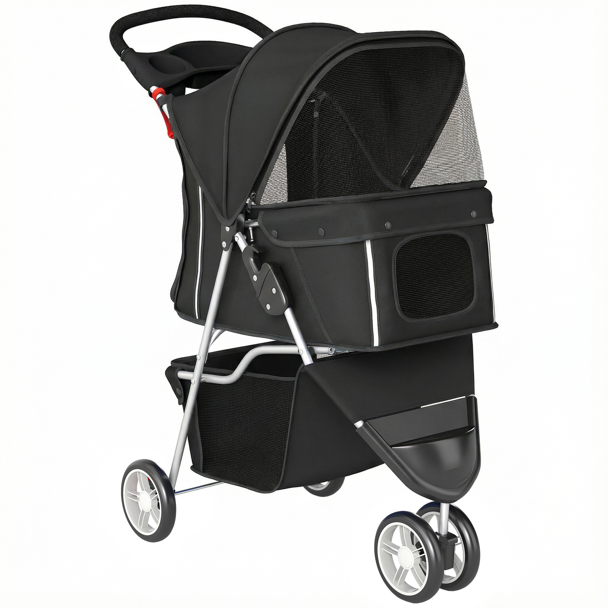 PawHut Hundewagen Hundebuggy Faltbar klappbar Katzenwagen bis 10kg mit Aufbewahrungskorb, Kissen, Netzfenster, Getränkehalter, 3 Räder, Aufbewahrungstasche, Haustierbuggy für kleine Hunde, Schwarz Aosom