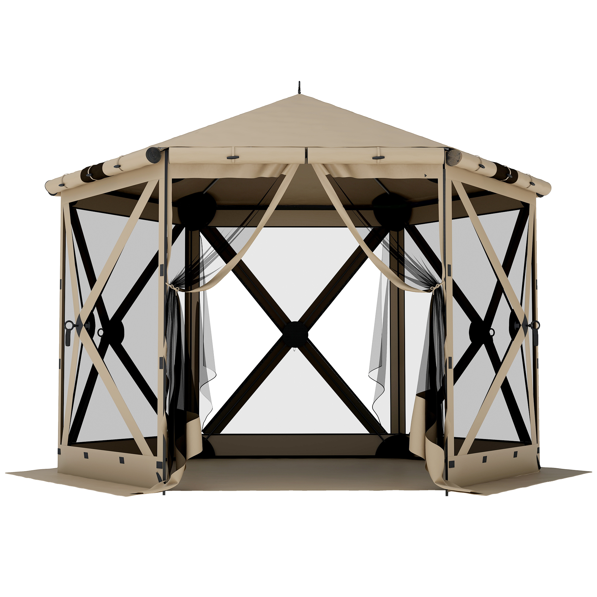 Outsunny 3 m x 2,6 m Sechseck-Pavillon mit Bodenmatte, Seitenteilen aus Netzgewebe und Tragetasche, wasserdicht, UV-beständig, Partyzelt für Garten und Terrasse, Khaki   Aosom
